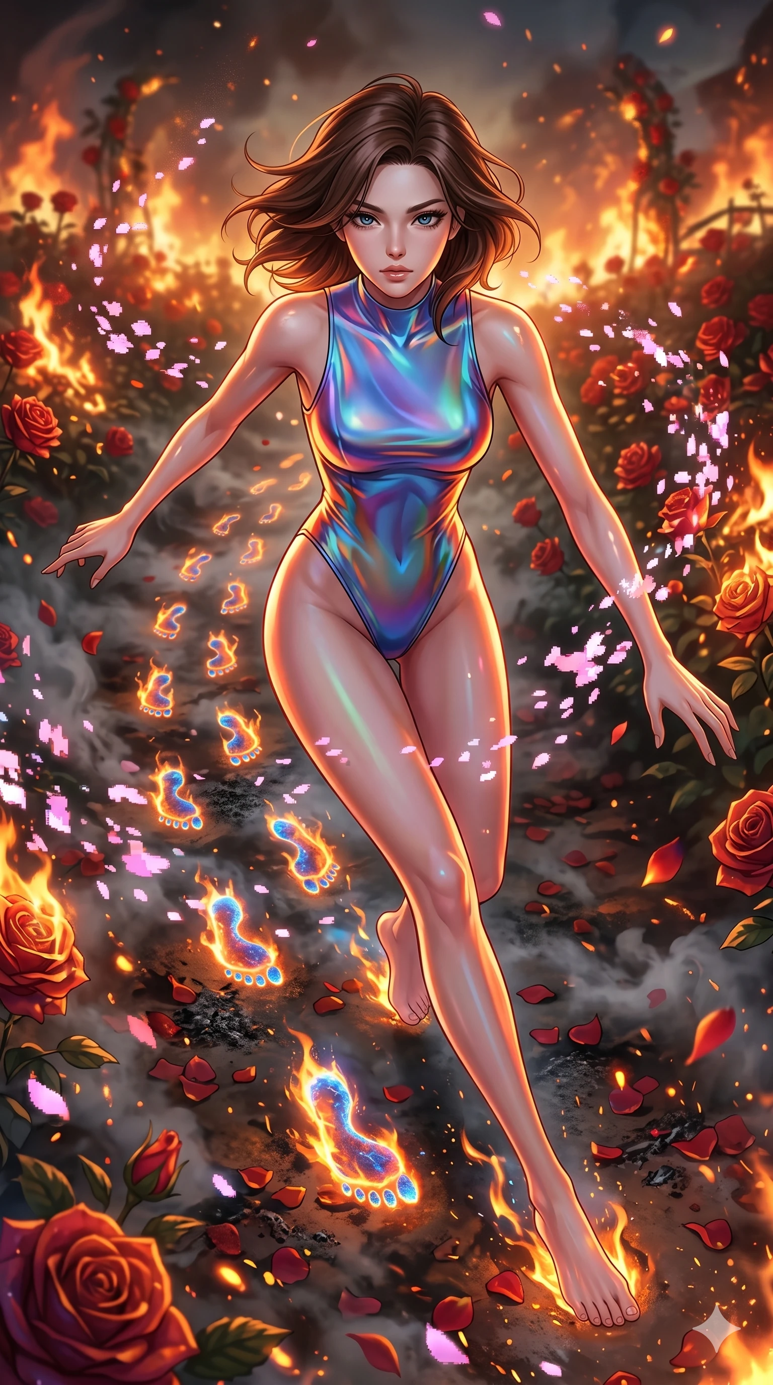score_9, masterpiece, best quality, ultra-detailed, Set A: High-budget Anime Keyframe, Korean woman. Upper body close-up from the thighs up, character filling the screen for maximum presence. Sliding through a burning rose garden, as she leaves a trail of 38 glowing footprints and surrounded by digital sakura petals. She has an absolutely perfect 8-heads proportion, an exceptionally tall and slender female figure with impossibly long slender legs and an ultra-slim waist. Sharp v-shaped jawline, high-bridge nose, intricate jewel-like eyes with depth, thick eyelashes, glossy lips with a natural sheen. Wearing High-cut bodysuit made of liquid-crystal fabric that changes color with movement. Cinematic lighting, vibrant colors, dramatic shadows, 2k, ultra detail, master piece, 9:16 ratio