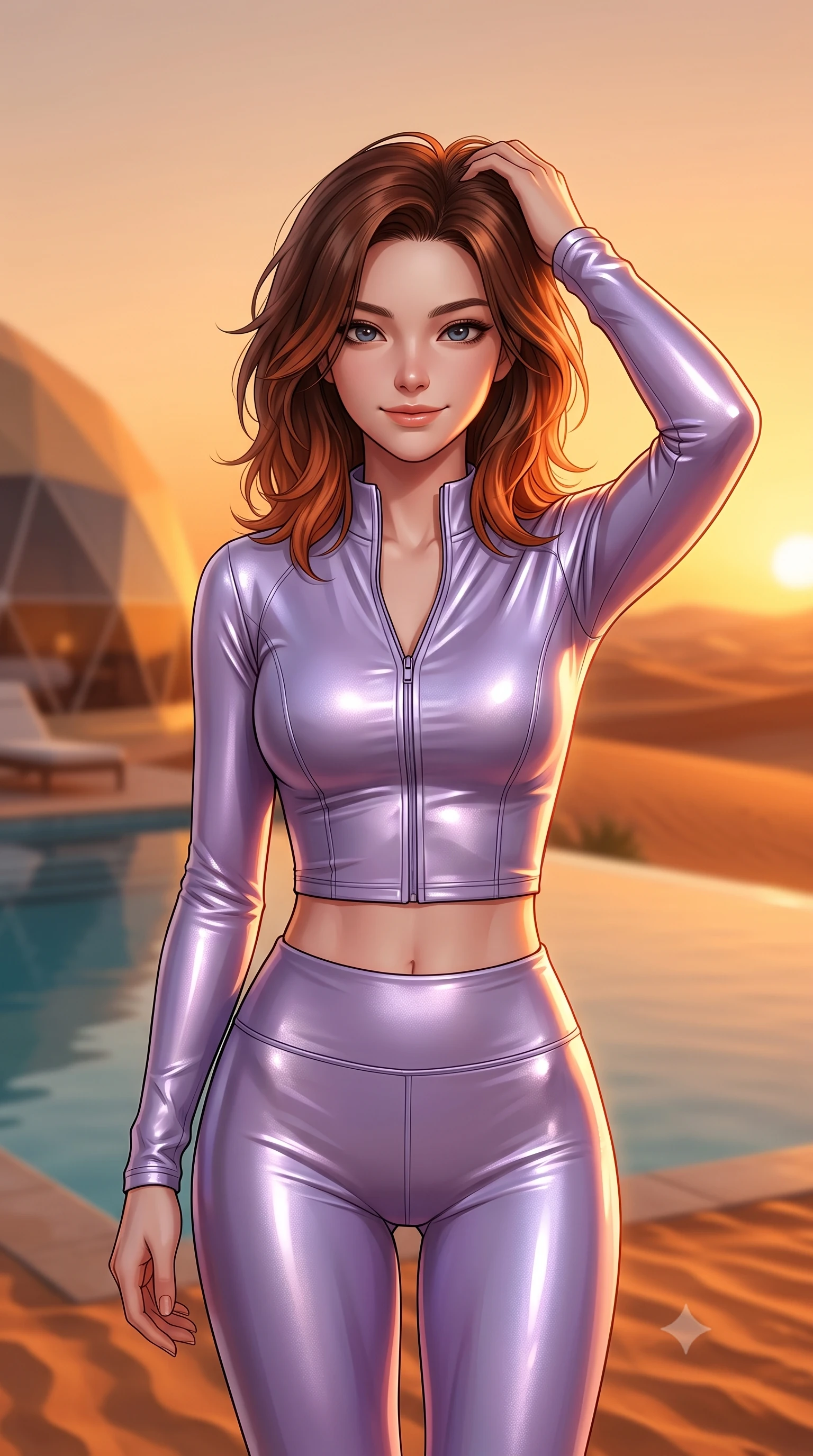 score_9, masterpiece, best quality, ultra-detailed, high-budget anime keyframe, editorial fashion photography, tasteful artistic composition, Korean woman. close-up cowboy shot from the waist and thighs up, the character dominates the composition, filling the frame with her large presence, background elements kept in soft focus. smiling with quiet, magnetic self-assurance directly into the camera, running a hand through her hair the background shows a soft-focus an outdoor infinity pool of a luxury desert dome villa overlooking sand dunes. She has an exceptionally elegant, slender, and willowy female figure with an ultra-slim waist, a gracefully sculpted slender torso, and a refined silhouette. sharp v-shaped jawline, high-bridge nose, intricate jewel-like eyes with depth, thick eyelashes, glossy lips with a natural sheen. wearing a body-hugging body-hugging activewear set of a tailored zip-up long-sleeve crop top and matching high-waisted leggings in soft lavender. the dramatic orange glow of a desert sunset casting long shadows of the dome. ultra-reflective glossy finish, specular highlights, metallic sheen, high-contrast stereoscopic depth, volumetric dynamic lighting, 2k, ultra detail, master piece, 9:16 ratio