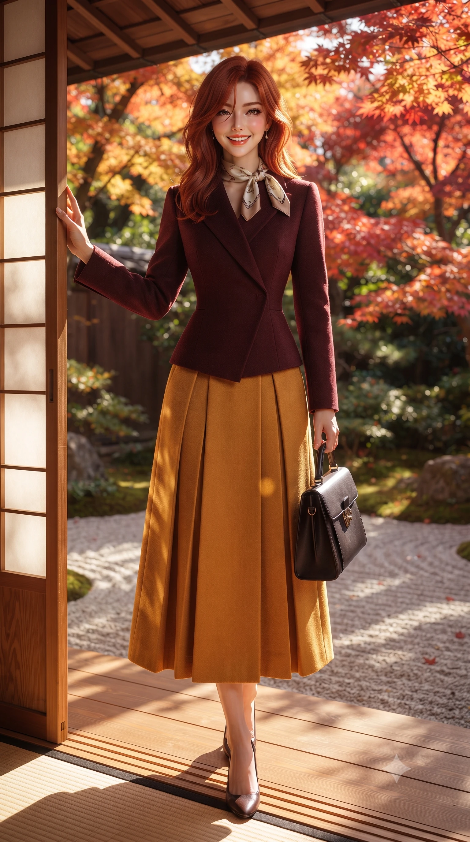 score_9, masterpiece, best quality, ultra-detailed, high-budget anime keyframe, editorial fashion photography, tasteful artistic composition, Korean woman. low angle full-body shot from head to toe showing her feet, filling the entire 9:16 vertical frame with her statuesque presence, stretching her vertical silhouette. walking briskly with tall supermodel strides, one hand holding her leather bag and the other swinging with energetic charm while standing poised at the threshold between tatami salon and autumn garden, one hand touching the sliding shoji screen frame with quiet grace. The surrounding environment is rendered in vivid detail and crisp panoramic clarity: sharp fine grain on polished hinoki cypress veranda planks, precise raked lines in granite sand, and maple leaf serrations in deep focus. She has an exceptionally tall and slender model-like 8.5-heads proportion, an ultra-slim waist, a flat toned midriff, narrow delicate ribcage, and beautifully sculpted feminine hips creating a graceful, slim hourglass silhouette without any bulky heaviness, with impossibly long slender legs. sharp v-shaped jawline, high-bridge nose, intricate jewel-like sparkling eyes with depth, thick eyelashes, glossy parted lips with a natural peach sheen, bright cheerful beaming smile with an enchanting and coquettish sensual glint, exuding both youthful cute charm and seductive allure, flawlessly proportioned anatomical accuracy, strict slender model proportions, natural body alignment, perfectly sculpted long slender limbs, ultra-slim waistline, clean dynamic posture without body distortion. wearing an asymmetrical-wrap tailored wool jacket with clean geometric lines paired with a structured pleated maxi skirt in rich Oxford burgundy and golden amber, tailored from fine wool gabardine with crisp permanent pleats and sharp drape, finished with a printed silk twilly scarf knotted gracefully around her neck, the precision-cut high-waisted tailoring accentuating her ultra-slim waist and long slender leg line with immaculate aristocratic poise. bathed in filtered golden autumn sunlight dappled through brilliant red and orange maple foliage. ultra-reflective glossy finish, specular highlights, rich textural contrasts, high-contrast stereoscopic depth, volumetric dynamic lighting, 2k, ultra detail, master piece, 9:16 ratio