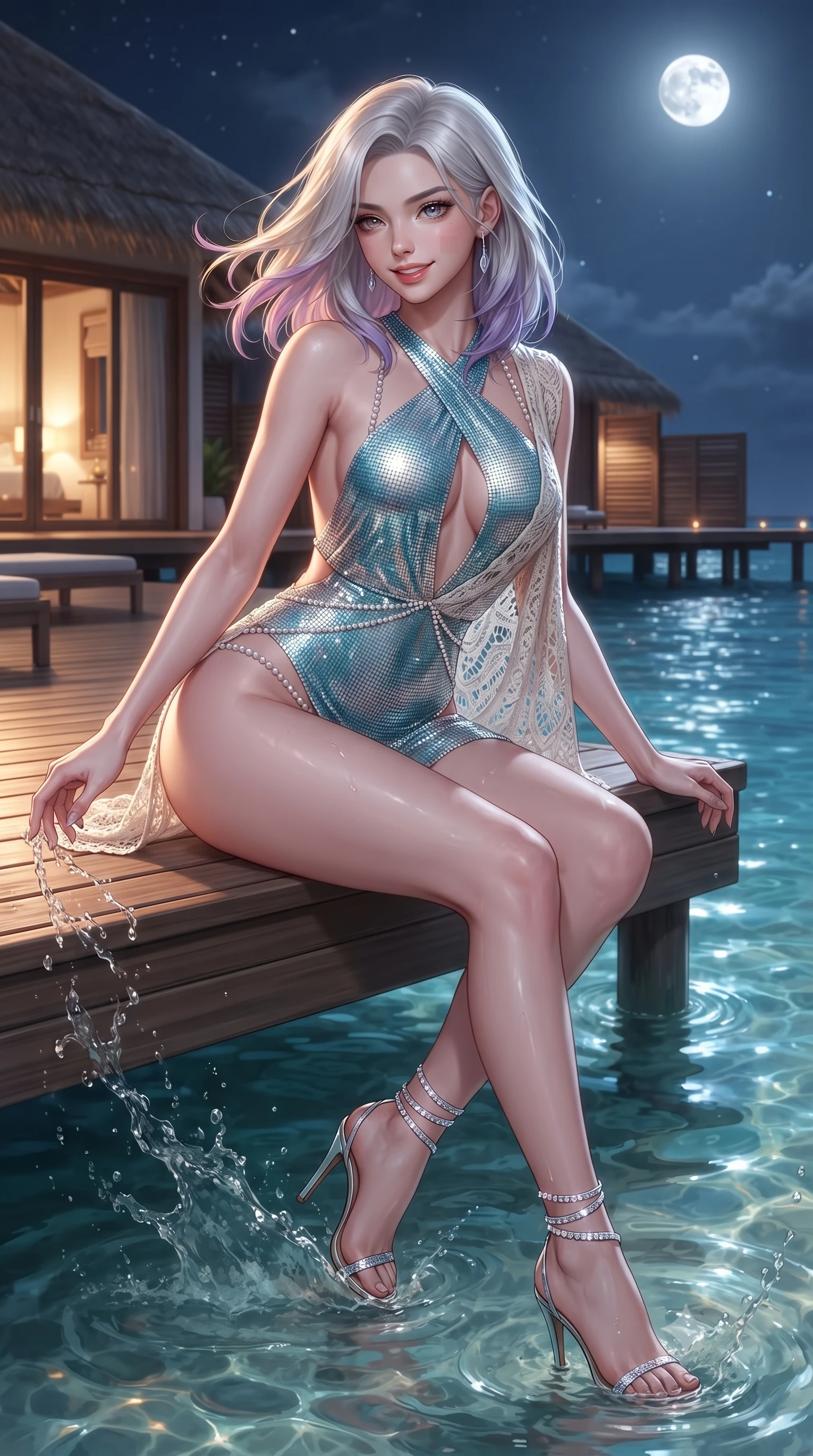score_9, masterpiece, best quality, ultra-detailed, high-budget anime keyframe, editorial fashion photography, tasteful artistic composition, Caucasian woman. close-up cowboy shot from the waist and thighs up, the character dominates the composition, filling the frame with her large presence. turning slowly with an enchanting smoldering smile, her glossy hair tossing in the breeze as her hips angle gracefully in a captivating contrapposto while perched sideways on the wooden deck edge with legs dipped in the warm sea, splashing water playfully with a coquettish, teasing smile. The surrounding environment is rendered in vivid detail and crisp panoramic clarity: detailed plunge-neck crochet-lace resort mini dress drape, delicate pearl body harness gleam, and private atoll villa engineering in high resolution. She has an exceptionally elegant, slender, and willowy female figure with an ultra-slim waist, flat toned midriff, narrow ribcage, and sculpted feminine hips creating an alluring, slim hourglass silhouette without bulk. sharp v-shaped jawline, high-bridge nose, sparkling eyes with hypnotic seductive depth, thick curled eyelashes, glossy parted lips with a natural dewy peach sheen, alluring bedroom-eyes with an enchanting coquettish smile, exuding magnetic siren charisma and sophisticated glamour, flawlessly proportioned anatomical accuracy, strict slender model proportions, natural body alignment, perfectly sculpted long slender limbs, ultra-slim waistline, clean dynamic posture without body distortion. wearing a criss-cross halterneck keyhole bodysuit with open back and sculpted waist darts in Maldives ocean cyan and shimmering pearl white, crafted from shimmering fluid chainmail mesh reflecting ambient lights, complemented by strappy stiletto sandals with crystal ankle wraps accentuating her slender calves, the precision-cut side openings and low-back scoop framing her graceful spine and the sensual sweep of her slim, toned hips. bathed in warm 2600K amber under-deck courtesy LED lights combined with pure silver full moonlight. ultra-reflective glossy finish, specular highlights, rich textural contrasts, high-contrast stereoscopic depth, volumetric dynamic lighting, 2k, ultra detail, master piece, 9:16 ratio