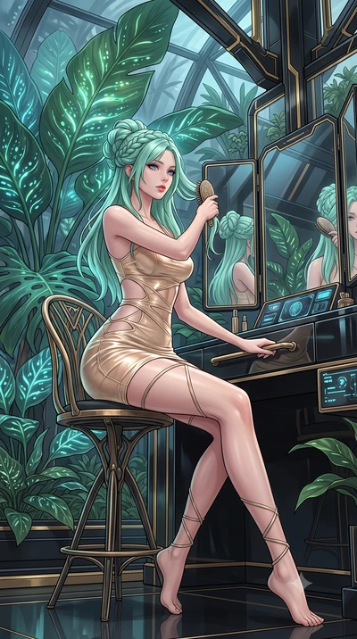 score_9, masterpiece, best quality, ultra-detailed, High-budget Anime Keyframe, East Asian woman. Low angle cowboy shot filling the entire 9:16 frame with her statuesque presence. Scenario 406: brushing her hair while seated before a vanity of black 