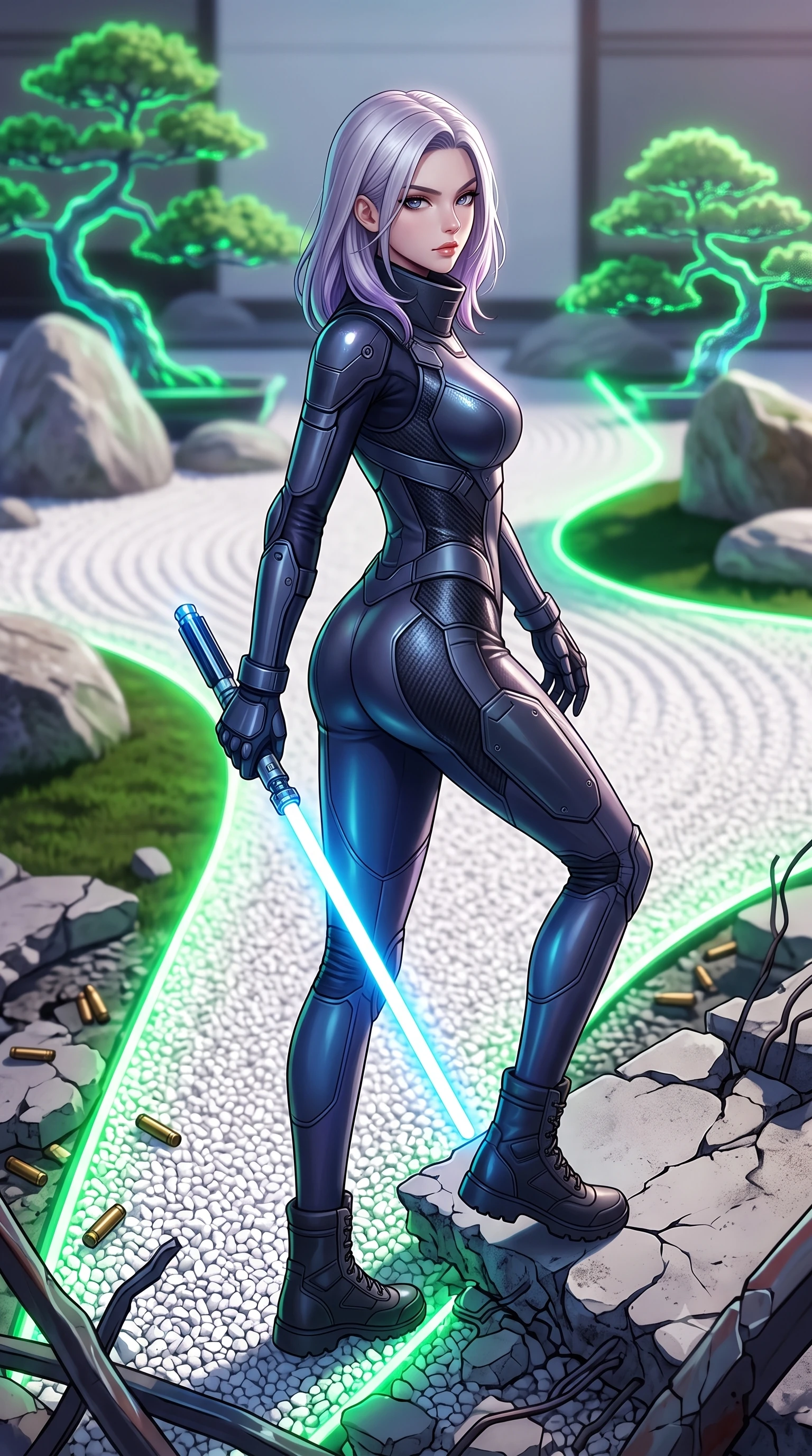 score_9, masterpiece, best quality, ultra-detailed, high-budget anime keyframe, editorial fashion photography, tasteful artistic composition, Caucasian woman. low angle full-body shot from head to toe showing her feet, filling the entire 9:16 vertical frame with her statuesque presence, stretching her vertical silhouette. stepping gracefully through battlefield debris with a glowing saber hilt in hand, looking back over her shoulder, the background shows a soft-focus a zen rock garden with virtual white gravel paths and digital bonsai trees. She has an absolutely perfect, statuesque 8.5-heads proportion, an exceptionally tall and slender model-like female figure with impossibly long slender legs and an ultra-slim waist. sharp v-shaped jawline, high-bridge nose, intricate jewel-like eyes with depth, thick eyelashes, glossy lips with a natural sheen. wearing a slim-fit heavy-duty hazard suit with carbon reinforcement panels, featuring a high-neck protective collar and safety boots. virtual white gravel paths and digital bonsai trees casting green neon light. highly saturated vibrant anime colors, detailed shading with soft gradients, rich glossy textures, high-contrast stereoscopic depth, volumetric dynamic lighting, master piece, 9:16 ratio
