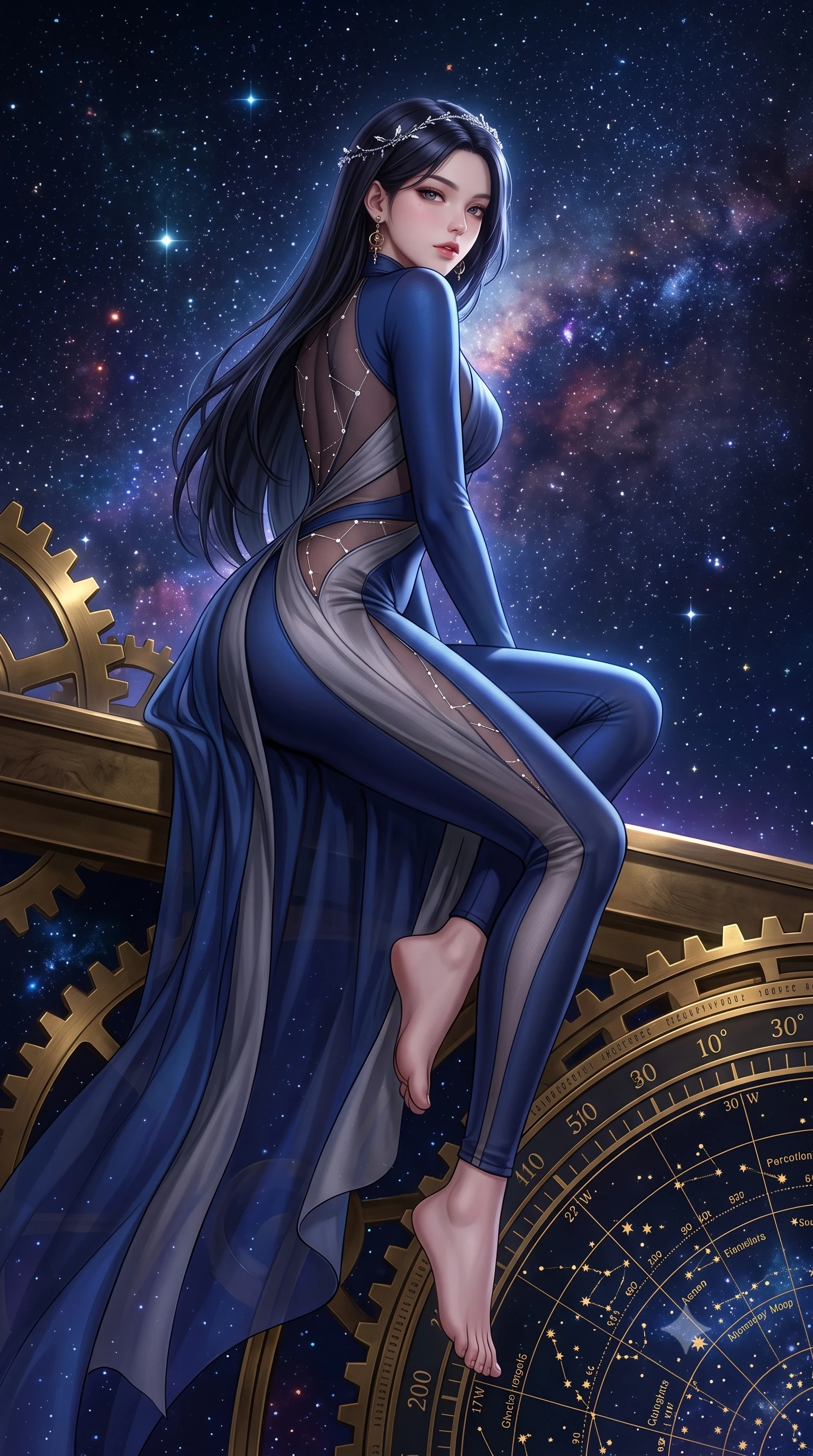 score_9, masterpiece, best quality, ultra-detailed, high-budget anime keyframe, semi-realistic 3D game render, editorial fashion photography, tasteful artistic composition, Korean woman. low angle full-body shot from head to toe showing her feet, filling the entire 9:16 vertical frame with her statuesque presence, stretching her vertical silhouette. sitting perched on the elevated ledge with hips angled toward the camera and legs crossed, displaying her toned midriff and flawlessly sculpted slender limbs while crouching gracefully beside the brass telescope mount, looking back with parted glossy lips as galactic starlight washes over her curves. The surrounding environment is rendered in vivid detail and crisp panoramic clarity. sharp brass gear teeth, engraved celestial coordinate rings, and star map typography in deep focus. She has an absolutely perfect, statuesque 8.5-heads proportion, an exceptionally tall and slender model-like female figure with impossibly long slender legs, a toned flat midriff, an ultra-slim waist, and beautifully sculpted feminine hips. sharp v-shaped jawline, high-bridge nose, intricate jewel-like eyes with depth, thick eyelashes, glossy parted lips with a natural sheen, intensely captivating and seductive bedroom-eyes expression, flawlessly proportioned anatomical accuracy, strict slender model proportions, natural body alignment, perfectly sculpted long slender limbs, ultra-slim waistline, clean dynamic posture without body distortion. wearing a second-skin starlight catsuit with sheer mesh constellation cutouts tracing her spine and curvy hips in deep sapphire blue and brushed dark platinum, woven from layered gossamer chiffon with a weightless sweeping drape, accessorized with a delicate crystal circlet and celestial brass drop earrings, the form-contouring material adhering flawlessly to her sculpted flat midriff and slender torso, emphasizing her long leg lines and perfectly proportioned willowy build. surrounded by a celestial, immortal, and deeply hypnotic cosmos sovereign aura. highly saturated vibrant anime colors, detailed shading with soft gradients, rich glossy textures, high-contrast stereoscopic depth, volumetric dynamic lighting, master piece, 9:16 ratio