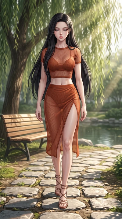 score_9, masterpiece, best quality, ultra-detailed, high-budget anime keyframe, editorial fashion photography, tasteful artistic composition, Korean woman woman. low angle full-body shot from head to toe showing her feet, filling the entire 9:16 vert