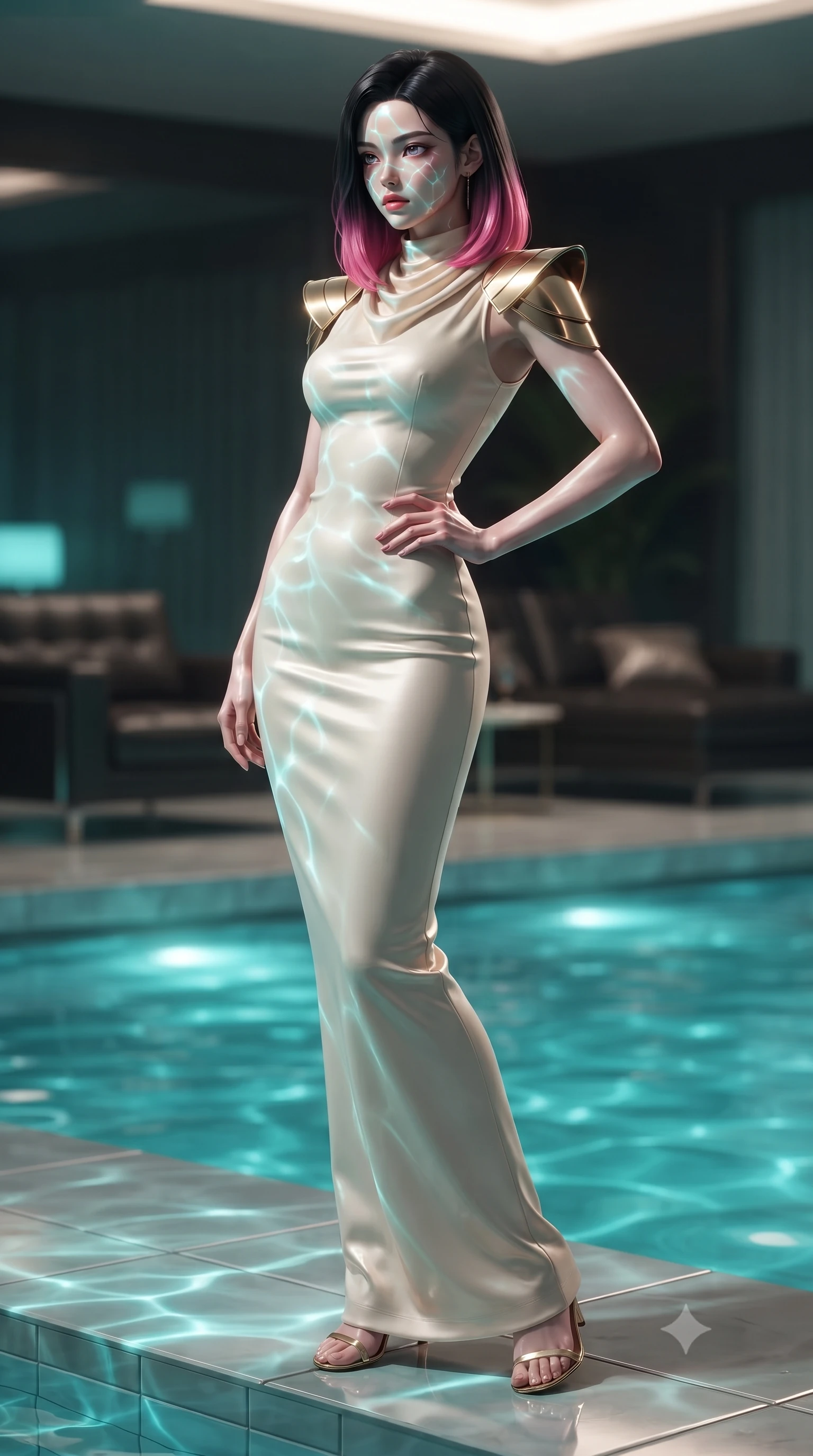 score_9, masterpiece, best quality, ultra-detailed, high-budget anime keyframe, editorial fashion photography, tasteful artistic composition, Korean woman. low angle full-body shot from head to toe showing her feet, filling the entire 9:16 vertical frame with her statuesque presence, stretching her vertical silhouette. posing confidently with one hand on her hip, stretching her statuesque body to emphasize her curves the background shows a soft-focus a retro-cyber pool room with glowing turquoise water and dark leather lounges. She has an absolutely perfect, statuesque 8.5-heads proportion, an exceptionally tall and slender model-like female figure with impossibly long slender legs and an ultra-slim waist. sharp v-shaped jawline, high-bridge nose, intricate jewel-like eyes with depth, thick eyelashes, glossy lips with a natural sheen. wearing a body-hugging elegant galactic senate gown in cream cashmere, featuring structured metallic gold shoulder guards and a high-neck drape. rippling water reflections mapping across her features from below. ultra-reflective glossy finish, specular highlights, metallic sheen, high-contrast stereoscopic depth, volumetric dynamic lighting, 2k, ultra detail, master piece, 9:16 ratio