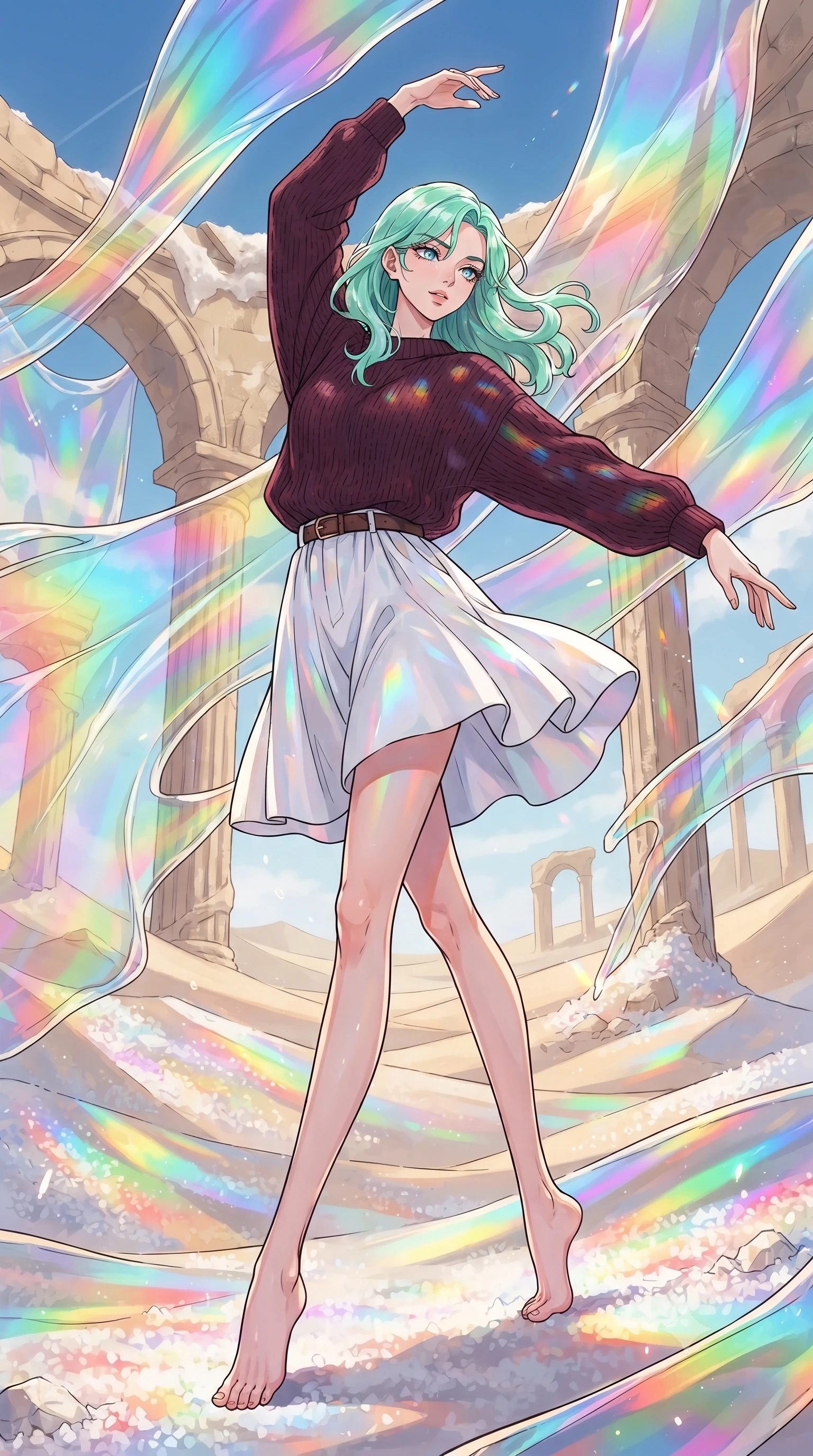 score_9, masterpiece, best quality, ultra-detailed, high-budget anime keyframe, gorgeous anime illustration, with clean line-art and distinct ink outlines, Japanese woman. low angle full-body shot from head to toe showing her feet, filling the entire 9:16 vertical frame with her statuesque presence, stretching her vertical silhouette. dancing with weightless grace through in a vast desert ruin where panels of liquid stained-glass flow and ripple in the air like colorful oil, sand dunes made of white salt crystals reflecting the rainbow colors. She has a statuesque 8.5-heads proportion, an exceptionally tall, slender and willowy model-like build with impossibly long legs and a highly sculpted ultra-slim waist. sharp v-shaped jawline, high-bridge nose, intricate jewel-like eyes with depth, thick eyelashes, glossy lips with a natural sheen. wearing a dark burgundy knit sweater with a relaxed fit, paired with a white cotton poplin skirt and a leather belt. brilliant rainbow prism light refracting through the liquid glass panels, casting moving color patterns on the character. 2k, ultra detail, master piece, 9:16 ratio, vibrant anime color palette, detailed cel-shading with soft gradients, rich contrast, dynamic lighting, 2d animation style