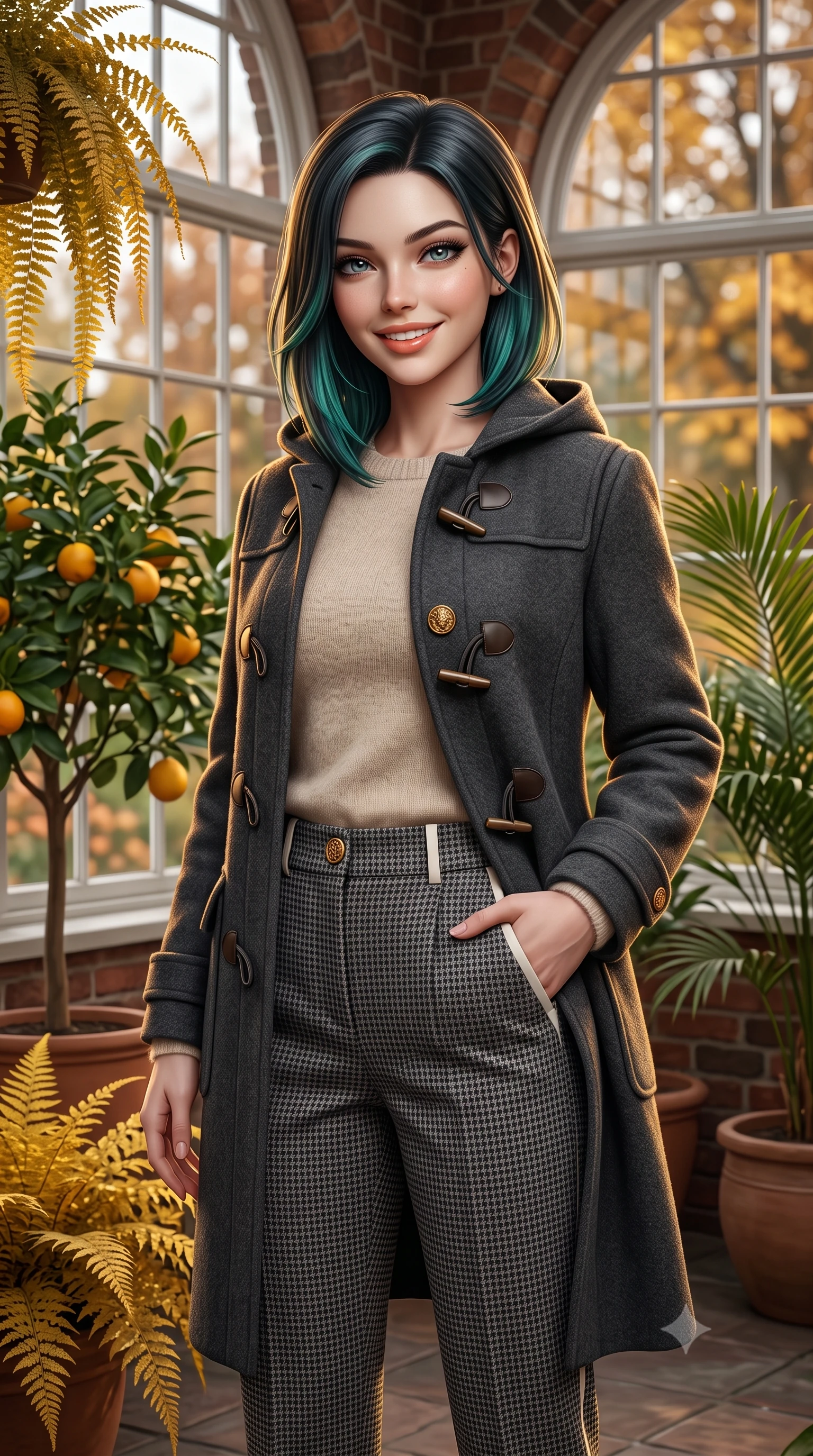 score_9, masterpiece, best quality, ultra-detailed, high-budget anime keyframe, semi-realistic 3D game render, editorial fashion photography, tasteful artistic composition, Caucasian woman. close-up cowboy shot from the waist and thighs up, the character dominates the composition, filling the frame with her large presence. standing poised with one hand slipped into her tailored trouser pocket, head tilted in a friendly, engaging expression while standing amidst potted citrus trees and cascading golden ferns inside the historic brick orangery, smiling warmly at the camera. The background shows a soft-focus arched multi-pane conservatory windows, lush potted palm fronds, and golden maple trees outside blurred into honey, terracotta, and olive bokeh. She has an exceptionally elegant, slender, and willowy female figure with an ultra-slim waist, flat toned midriff, narrow ribcage, and sculpted feminine hips creating an alluring, slim hourglass silhouette without bulk. sharp v-shaped jawline, high-bridge nose, intricate jewel-like sparkling eyes with depth, thick eyelashes, glossy parted lips with a natural peach sheen, bright cheerful beaming smile with an enchanting and coquettish sensual glint, exuding both youthful cute charm and seductive allure, flawlessly proportioned anatomical accuracy, strict slender model proportions, natural body alignment, perfectly sculpted long slender limbs, ultra-slim waistline, clean dynamic posture without body distortion. wearing a structured boiled-wool duffle coat with horn toggles over a soft alpaca sweater and tailored wool slacks in classic Savile Row charcoal houndstooth and crisp ivory, made of crisp Egyptian cotton poplin with pristine tailored pressing, accented with an ornate 24k gold lion-embossed crest button along the front closure, the precision-cut high-waisted tailoring accentuating her ultra-slim waist and long slender leg line with immaculate aristocratic poise. illuminated by terracotta floor reflection fill and warm golden rim lights defining her delicate collar and willowy silhouette. highly saturated vibrant anime colors, detailed shading with soft gradients, rich glossy textures, high-contrast stereoscopic depth, volumetric dynamic lighting, master piece, 9:16 ratio