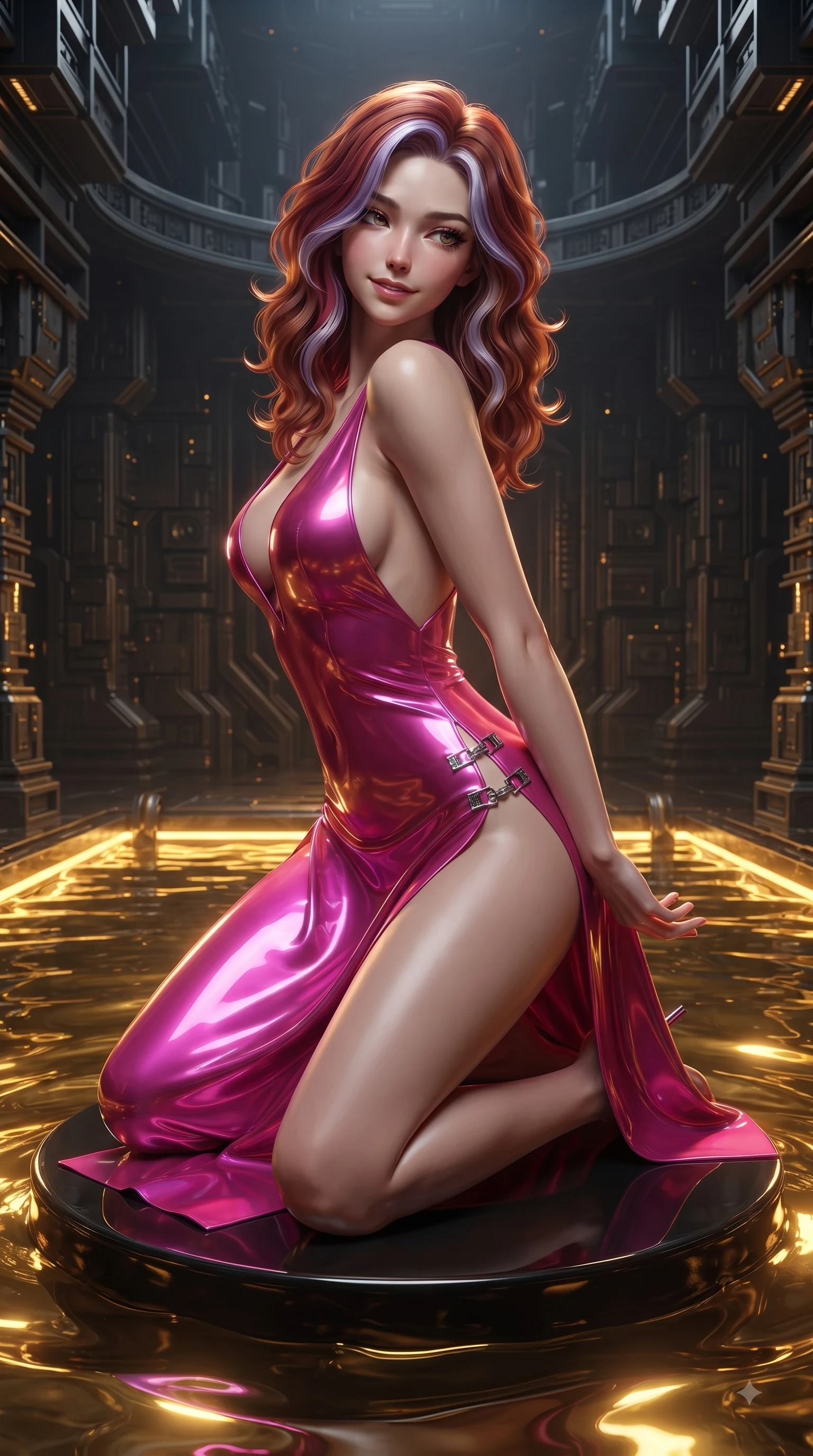 score_9, masterpiece, best quality, ultra-detailed, high-budget anime keyframe, editorial fashion photography, tasteful artistic composition, Caucasian woman. close-up cowboy shot from the waist and thighs up, the character dominates the composition, filling the frame with her large presence. stretching forward with an alluring arch of her spine, glancing over her shoulder with thick eyelashes and a smoldering half-smile while kneeling gracefully on a floating obsidian dais inside a subterranean tech-sanctuary with glowing liquid gold rippling around her. The surrounding environment is rendered in vivid detail and crisp panoramic clarity. rich chiaroscuro lighting and intricate cyber-temple architectural textures rendered in panoramic clarity. She has an exceptionally elegant, slender, and willowy female figure with an ultra-slim waist, a gracefully sculpted slender torso, and a refined silhouette. sharp v-shaped jawline, high-bridge nose, intricate jewel-like eyes with depth, thick eyelashes, glossy lips with a natural sheen, flawlessly proportioned anatomical accuracy, natural body alignment, perfectly sculpted elegant limbs, clean dynamic posture without body distortion. wearing a translucent iridescent chiffon gown with a plunging neckline, high dual thigh slits, and an open back in chromatic platinum and blazing neon magenta, crafted from ultra-reflective second-skin latex with a glass-like polish, finished with an ultra-high side slit secured by miniature magnetic clasps, the form-contouring second-skin material highlighting her ultra-slim waist and long lines. bathed in shimmering gold reflections from the liquid pool and sharp directional key lights. ultra-reflective glossy finish, specular highlights, metallic sheen, high-contrast stereoscopic depth, volumetric dynamic lighting, 2k, ultra detail, master piece, 9:16 ratio