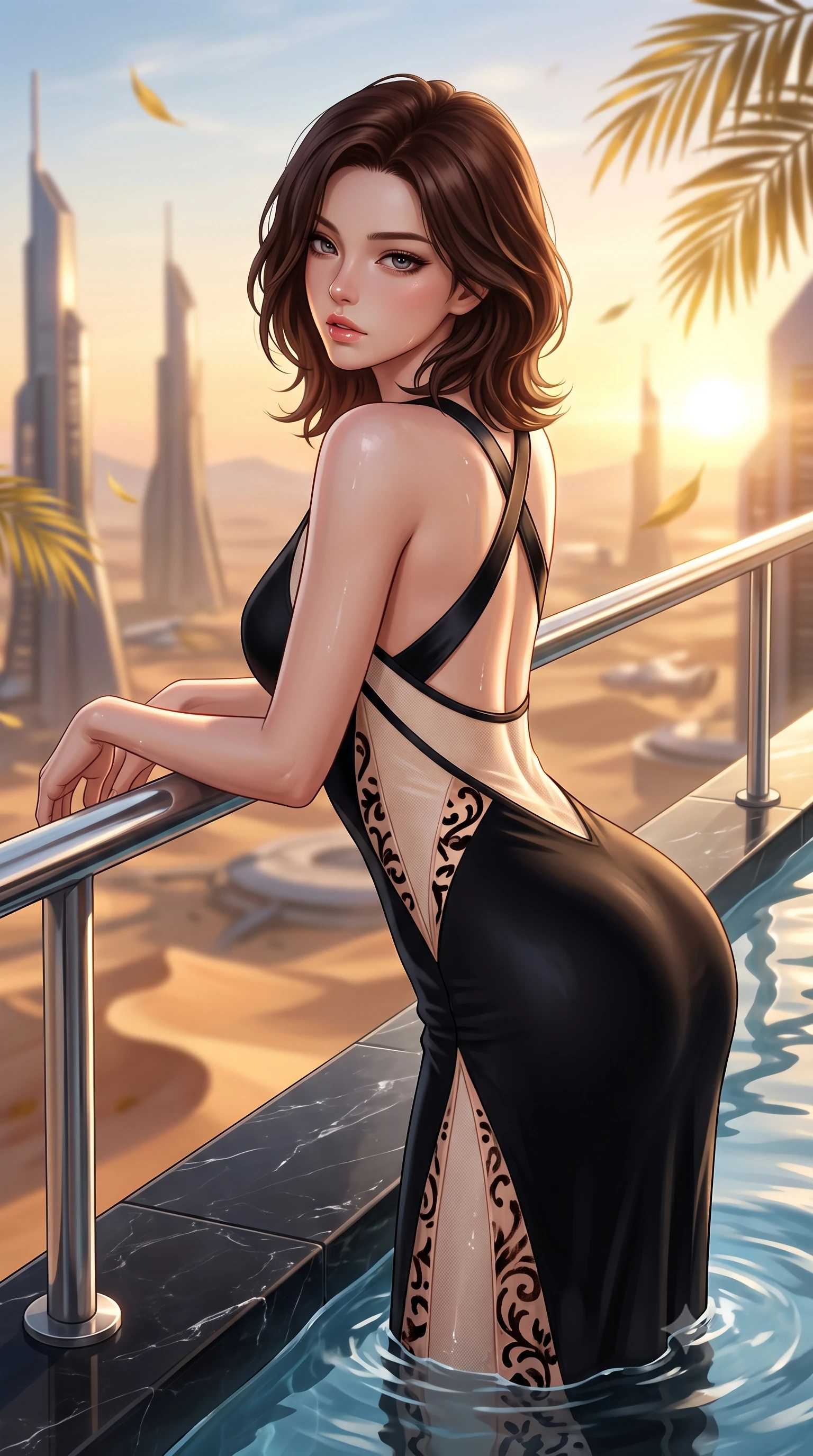 score_9, masterpiece, best quality, ultra-detailed, high-budget anime keyframe, semi-realistic 3D game render, editorial fashion photography, tasteful artistic composition, Korean woman. close-up cowboy shot from the waist and thighs up, the character dominates the composition, filling the frame with her large presence. leaning forward against the polished railing with her hips cocked back, creating an intoxicating curve from her narrow waist to sculpted hips as she gazes back into the lens while sitting on the black marble submerged ledge of the cantilevered glass pool 600 meters above the desert, water lapping at her hips as sunset bathes futuristic spires in gold. The composition keeps background elements in soft focus with creamy bokeh. floating golden palm leaves and pool water ripples softened in ultra-luxury shallow focus. She has an exceptionally elegant, slender, and willowy female figure with an ultra-slim waist, flat toned midriff, narrow ribcage, and sculpted feminine hips creating an alluring, slim hourglass silhouette without bulk. sharp v-shaped jawline, high-bridge nose, intricate jewel-like eyes with depth, thick eyelashes, glossy parted lips with a natural sheen, intensely captivating and seductive bedroom-eyes expression, flawlessly proportioned anatomical accuracy, strict slender model proportions, natural body alignment, perfectly sculpted long slender limbs, ultra-slim waistline, clean dynamic posture without body distortion. wearing a second-skin black silk jersey maxi dress with asymmetrical sheer mesh side panels tracing the full curve of her hip in vintage champagne ivory and delicate rose gold, made of sheer contouring power-mesh with velvet flocking patterns, finished with criss-cross back satin straps highlighting her graceful shoulder blades, the glove-like aerodynamic silhouette tightly following the natural contour of her hips and long slender legs with statuesque 8.5-heads elegance. illuminated by intense specular pool water reflections sharply carving her razor-sharp jawline, narrow waist, and curvy hips. highly saturated vibrant anime colors, detailed shading with soft gradients, rich glossy textures, high-contrast stereoscopic depth, volumetric dynamic lighting, master piece, 9:16 ratio