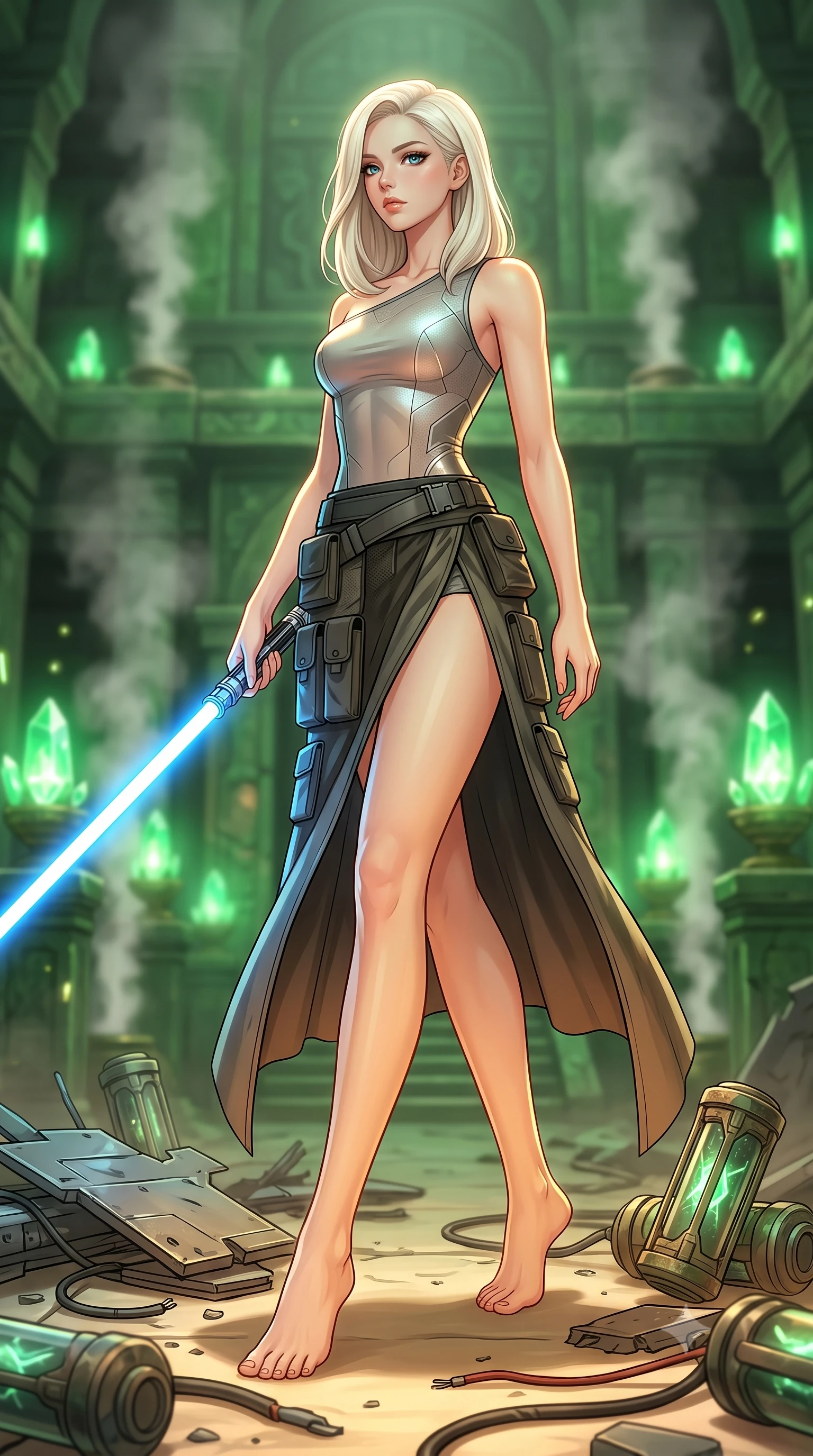 score_9, masterpiece, best quality, ultra-detailed, high-budget anime keyframe, editorial fashion photography, tasteful artistic composition, Caucasian woman. low angle full-body shot from head to toe showing her feet, filling the entire 9:16 vertical frame with her statuesque presence, stretching her vertical silhouette. stepping gracefully through battlefield debris with a glowing saber hilt in hand, looking back over her shoulder, the background shows a soft-focus a jade stone sanctuary chamber with steam vents and green crystal lamps. She has an absolutely perfect, statuesque 8.5-heads proportion, an exceptionally tall and slender model-like female figure with impossibly long slender legs and an ultra-slim waist. sharp v-shaped jawline, high-bridge nose, intricate jewel-like eyes with depth, thick eyelashes, glossy lips with a natural sheen. wearing a body-hugging asymmetric one-shoulder nanotech bodice paired with a daring high-slit tactical utility wrap skirt. low-contrast, soft warm ambient uplight casting a peaceful, gold glow. highly saturated vibrant anime colors, detailed shading with soft gradients, rich glossy textures, high-contrast stereoscopic depth, volumetric dynamic lighting, master piece, 9:16 ratio