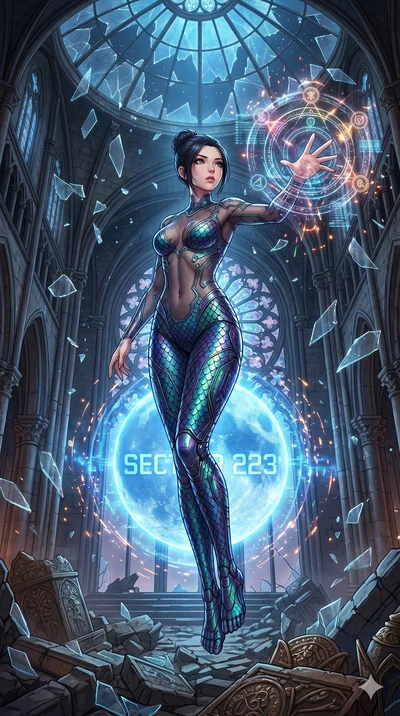 score_9, masterpiece, best quality, ultra-detailed, Set A: High-budget Anime Keyframe, Japanese woman. Low angle cowboy shot filling the entire 9:16 frame with her statuesque presence. Casting a spell through a shattered glass cathedral, with a massi