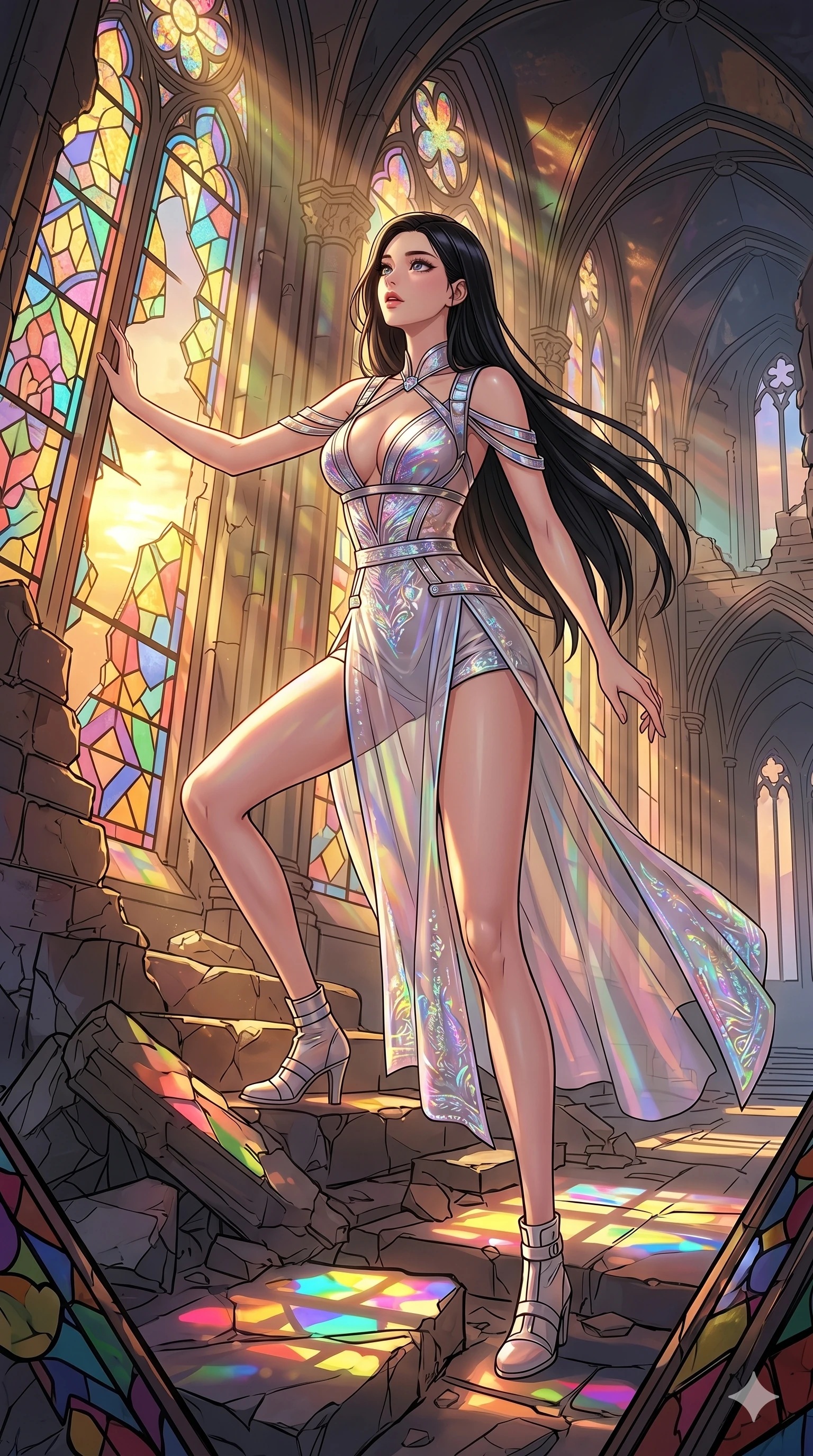 score_9, masterpiece, best quality, ultra-detailed, high-budget anime movie keyframe, cinematic anime lighting, intricate line art, Korean woman. Dynamic full-body shot stretching the vertical silhouette across the 9:16 frame. exploring lost ruins in a shattered stained glass cathedral during a golden sunset. She has an absolutely perfect 8-heads proportion, an exceptionally tall and slender female figure with an ultra-slim waist and impossibly long slender legs. sharp v-shaped jawline, high-bridge nose, intricate jewel-like eyes, thick eyelashes, glossy lips. Wearing modernized deep-plunging silk hanbok-fusion with metallic straps, a high-slit sheer skirt over micro-shorts, and holographic embroidered patterns. The scene is illuminated by dramatic atmospheric lighting and vibrant color palettes. , 2k, ultra detail, master piece, 9:16 ratio