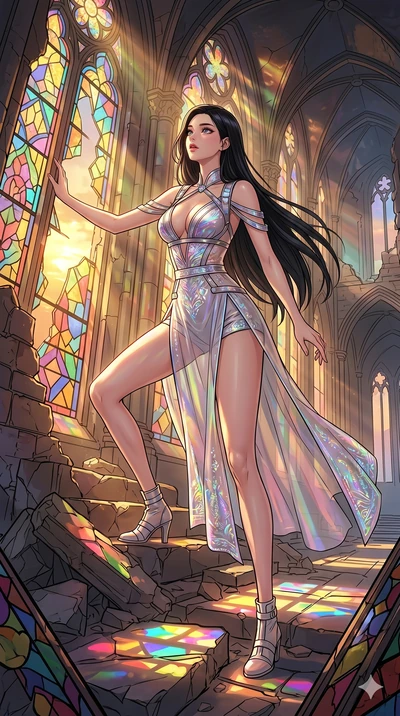 score_9, masterpiece, best quality, ultra-detailed, high-budget anime movie keyframe, cinematic anime lighting, intricate line art, Korean woman. Dynamic full-body shot stretching the vertical silhouette across the 9:16 frame. exploring lost ruins in