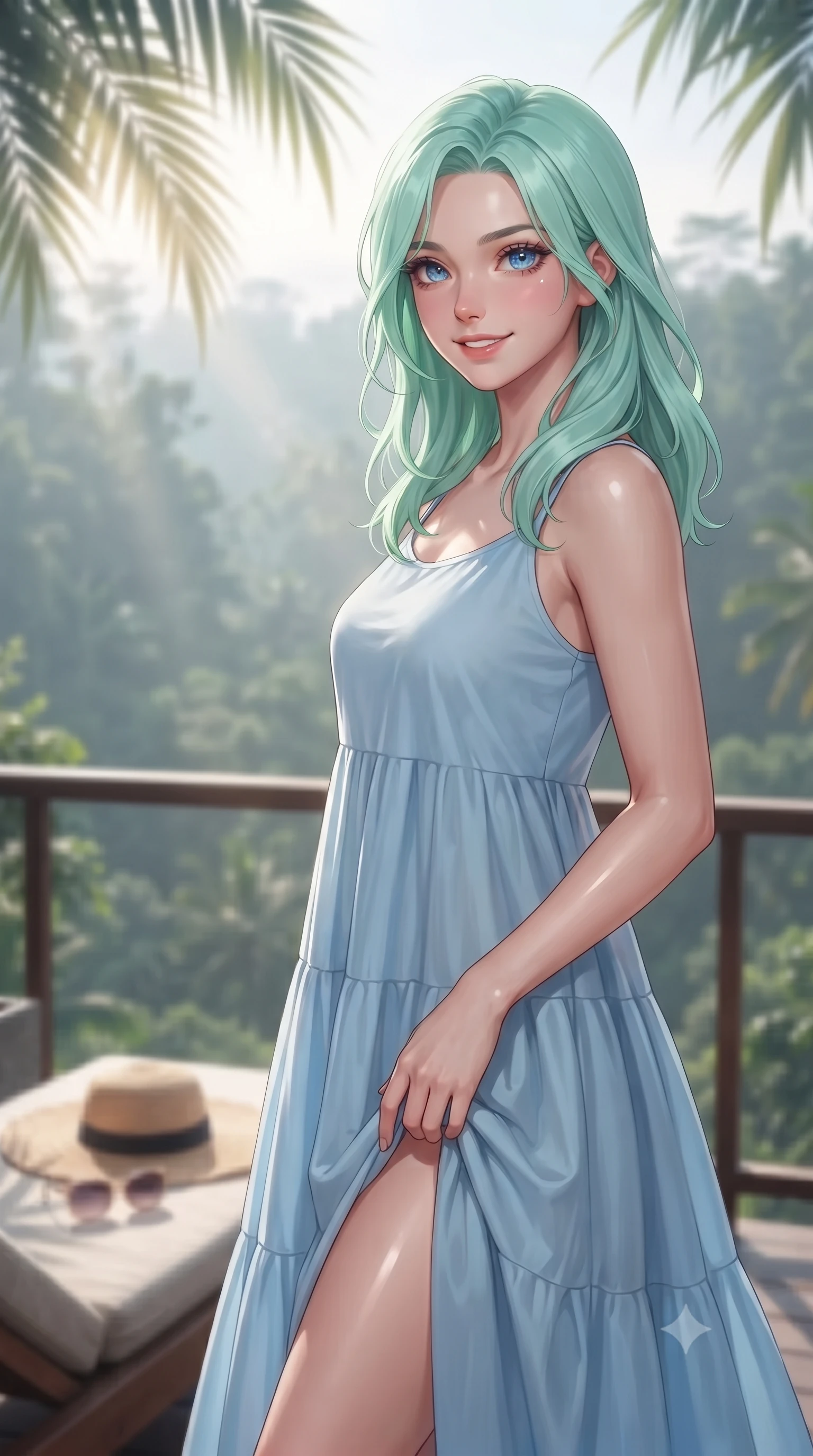 score_9, masterpiece, best quality, ultra-detailed, high-budget anime keyframe, editorial fashion photography, tasteful artistic composition, Japanese woman. close-up cowboy shot from the waist and thighs up, the character dominates the composition, filling the frame with her large presence, background elements kept in soft focus. smiling cutely with an air of effortless superiority and magnetic charm set against a soft-focus background of on a scenic resort balcony overlooking a misty valley of tropical forest with a straw sunhat and a pair of sunglasses resting on the lounge chair. She has an exceptionally elegant, slender, and willowy female figure with an ultra-slim waist, a gracefully sculpted slender torso, and a refined silhouette. sharp v-shaped jawline, high-bridge nose, intricate jewel-like eyes with depth, thick eyelashes, glossy lips with a natural sheen. wearing slim-fit lovely tiered maxi dress in baby blue, featuring a relaxed silhouette. soft afternoon sunbeams filtering through the palm leaves, casting gentle shadows. ultra-reflective glossy finish, specular highlights, metallic sheen, high-contrast stereoscopic depth, volumetric dynamic lighting, 2k, ultra detail, master piece, 9:16 ratio