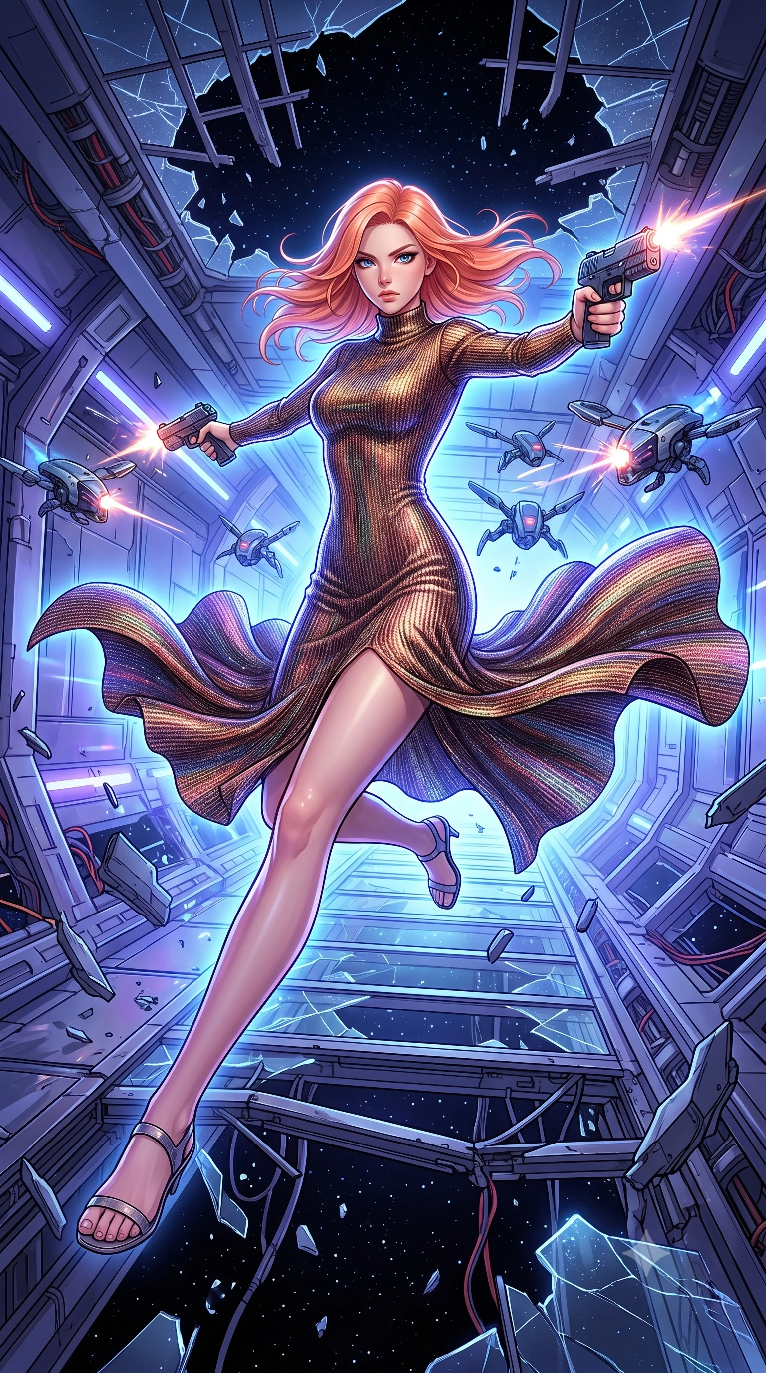 score_9, masterpiece, best quality, ultra-detailed, high-budget anime keyframe, editorial fashion photography, tasteful artistic composition, Japanese woman. low angle full-body shot from head to toe showing her feet, filling the entire 9:16 vertical frame with her statuesque presence, stretching her vertical silhouette. leaping dynamically off a collapsing sky-bridge while firing back at security drones through a corridor of a flagship where the ceiling has collapsed, exposing the metal ribs and wiring to the void of space. She has a statuesque 8.5-heads proportion, an exceptionally tall, slender and willowy model-like build with impossibly long legs and a highly sculpted ultra-slim waist. sharp v-shaped jawline, high-bridge nose, intricate jewel-like eyes with depth, thick eyelashes, glossy lips with a natural sheen. wearing the lightweight fabric rippling and billowing dramatically with her movement, a slim-fit long-sleeve fitted turtleneck dress in a shimmering multi-colored bronze metallic knit, tracing every line of her slender form. highly saturated vibrant anime colors, intense vivid color palette, soft 3D volumetric shading, volumetric dynamic lighting, cool ethereal blue-violet bioluminescent glow wrapping around her from all sides. 2k, ultra detail, master piece, 9:16 ratio