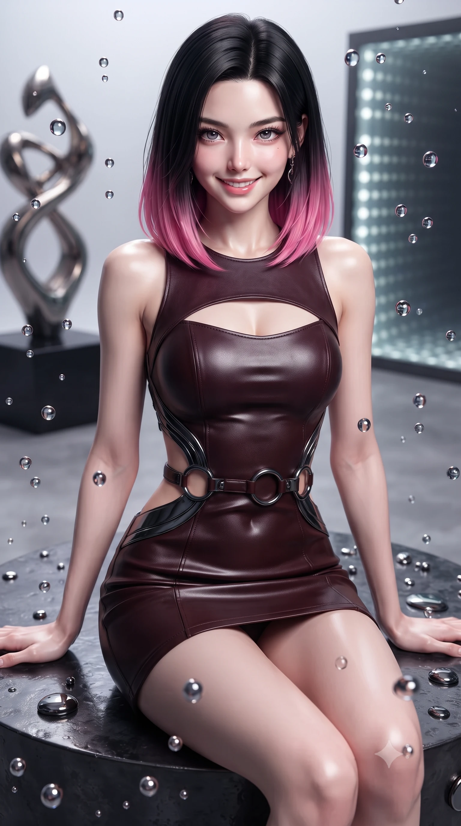 score_9, masterpiece, best quality, ultra-detailed, high-budget anime keyframe, editorial fashion photography, tasteful artistic composition, Korean woman. close-up cowboy shot from the waist and thighs up, the character dominates the composition, filling the frame with her large presence, background elements kept in soft focus. Smiling with quiet, magnetic self-assurance directly into the camera, resting on a dark titanium platform as liquid mercury droplets float around her, flawless mirror reflections of her silhouette on the dark liquid surface. She has an exceptionally elegant, slender, and willowy female figure with an ultra-slim waist, a gracefully sculpted slender torso, and a refined silhouette. sharp v-shaped jawline, high-bridge nose, intricate jewel-like eyes with depth, thick eyelashes, glossy lips with a natural sheen. wearing architectural cut-out dark leather mini dress with sculpted metallic boning in dark mahogany, made of sculpted obsidian metallic chrome, accented with sculpted obsidian chrome rings at the waist, highlighting her statuesque proportions and ultra-slim waistline. illuminated by ultra-bright specular highlights reflecting off dark liquid mercury. highly saturated vibrant anime colors, detailed shading with soft gradients, rich glossy textures, high-contrast stereoscopic depth, volumetric dynamic lighting, master piece, 9:16 ratio