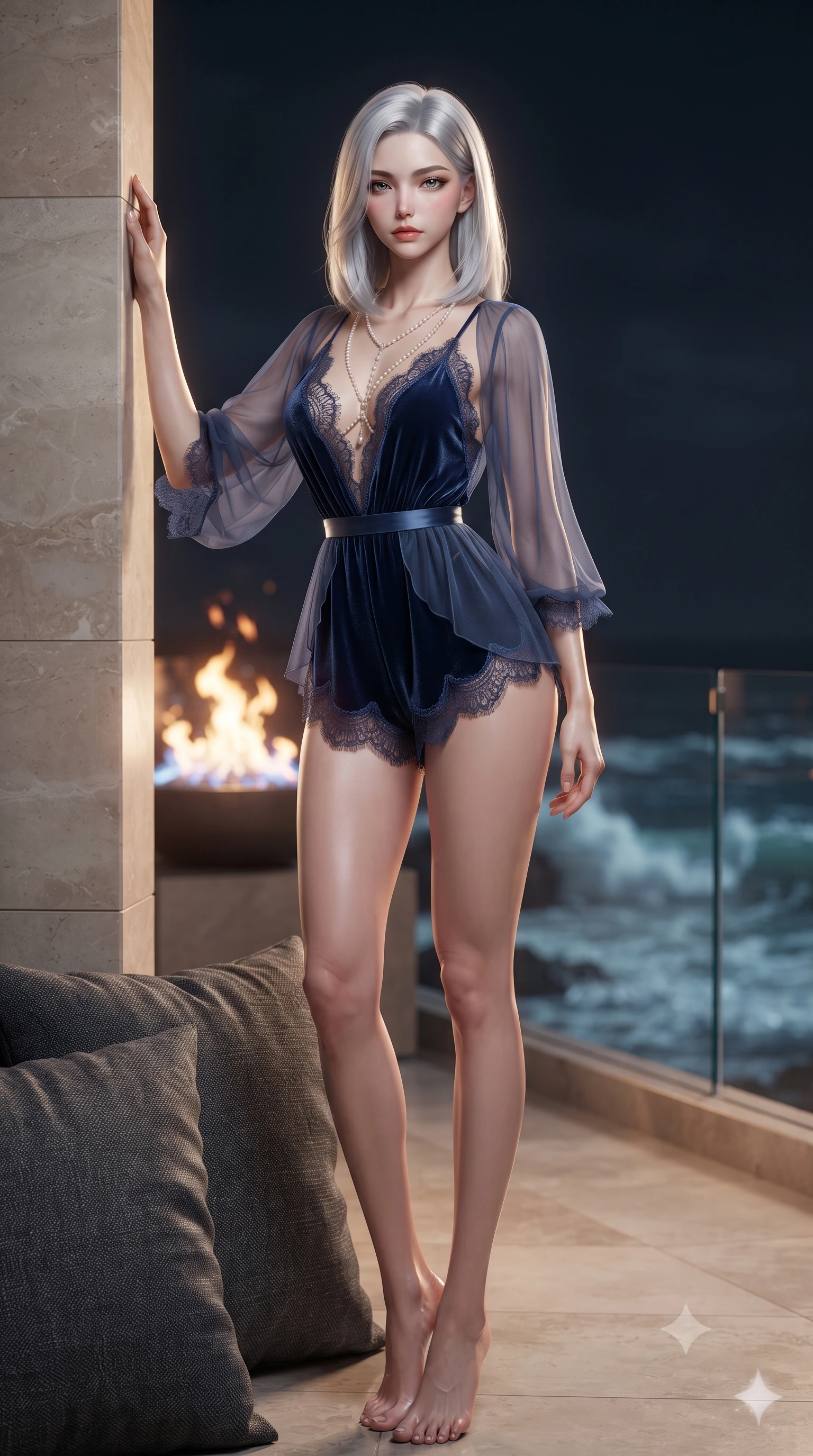 score_9, masterpiece, best quality, ultra-detailed, high-budget anime keyframe, editorial fashion photography, tasteful artistic composition, Korean woman. low angle full-body shot from head to toe showing her feet, filling the entire 9:16 vertical frame with her statuesque presence, stretching her vertical silhouette. standing tall beside the architectural column, one hand resting high while arching her lower back to emphasize her sculpted feminine hips and slender waist while leaning back against the charcoal cushions with hips cocked back, looking into the camera with an intoxicating smoldering bedroom-gaze. The background shows a soft-focus dancing orange-and-blue fire bowl flames, sheer glass balustrade overlooking illuminated crashing waves, and dark sea blurred into amber, turquoise, and slate bokeh. She has an absolutely perfect, statuesque 8.5-heads proportion, an exceptionally tall and slender model-like female figure with impossibly long slender legs, an ultra-slim waist, a flat toned midriff, narrow delicate ribcage, and beautifully sculpted feminine hips creating a graceful, slim hourglass silhouette without any bulky heaviness. sharp v-shaped jawline, high-bridge nose, sparkling eyes with hypnotic seductive depth, thick curled eyelashes, glossy parted lips with a natural dewy peach sheen, alluring bedroom-eyes with an enchanting coquettish smile, exuding magnetic siren charisma and sophisticated glamour, flawlessly proportioned anatomical accuracy, strict slender model proportions, natural body alignment, perfectly sculpted long slender limbs, ultra-slim waistline, clean dynamic posture without body distortion. wearing a plunge-neck stretch velvet romper with scalloped eyelash-lace hems and a cinched waist ribbon in Monte Carlo sapphire and liquid platinum, made of sheer gossamer chiffon that drapes softly against skin with airy translucence, accented with a pearl-drop body harness subtly framing her dewy collarbones and spine, the form-contouring silhouette accentuating her sculpted flat midriff, narrow delicate ribcage, and gracefully curvy hips with intoxicating allure. illuminated by polished terrace reflection bounce and sharp flame-gold rim lights defining her jawline, flat midriff, and voluptuous hip curves. ultra-reflective glossy finish, specular highlights, rich textural contrasts, high-contrast stereoscopic depth, volumetric dynamic lighting, 2k, ultra detail, master piece, 9:16 ratio