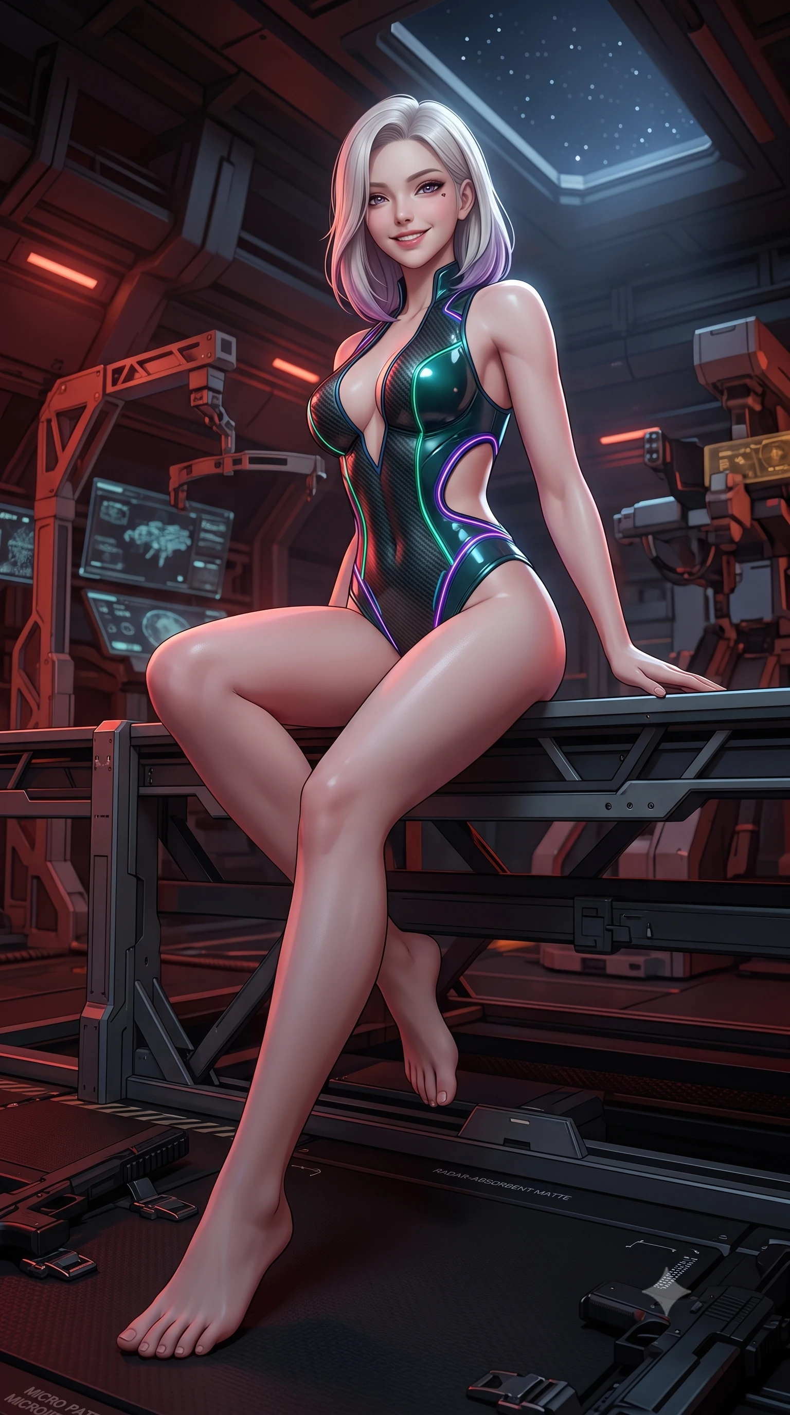 score_9, masterpiece, best quality, ultra-detailed, high-budget anime keyframe, semi-realistic 3D game render, editorial fashion photography, tasteful artistic composition, Caucasian woman. low angle full-body shot from head to toe showing her feet, filling the entire 9:16 vertical frame with her statuesque presence, stretching her vertical silhouette. sitting perched on the elevated maintenance gantry edge with legs crossed and hips angled toward the camera, displaying her toned midriff and long slender limbs with joyful, coquettish charm while walking silently across the radar-absorbent matte black deck, arching her back with sovereign covert-ops grace. The surrounding environment is rendered in vivid detail and crisp panoramic clarity: sharp matte carbon-nanotube deck coating texture, cloaking emitter hexagonal micro-patterns, and weapon holster clasps in deep focus. She has an absolutely perfect, statuesque 8.5-heads proportion, an exceptionally tall and slender model-like female figure with impossibly long slender legs, an ultra-slim waist, a flat toned midriff, narrow delicate ribcage, and beautifully sculpted feminine hips creating a graceful, slim hourglass silhouette without any bulky heaviness. sharp v-shaped jawline, high-bridge nose, intricate jewel-like sparkling eyes with depth, thick eyelashes, glossy parted lips with a natural sheen, bright confident smile with an enchanting and coquettish sensual glint, exuding both youthful magnetic charm and sovereign high-tech allure, flawlessly proportioned anatomical accuracy, strict slender model proportions, natural body alignment, perfectly sculpted long slender limbs, ultra-slim waistline, clean dynamic posture without body distortion. wearing a glossy vinyl and carbon-fiber hybrid bodysuit with a plunging neckline and high-cut leg openings in dark emerald teal and ultraviolet glow lines, crafted from lightweight aerodynamic matte carbon-fiber weave with structural stiffness, accented with glowing neon fiber-optic piping tracing her spine and hip lines, the precision-cut side openings and low-back scoop framing her graceful spine and the sensual sweep of her slim, toned hips. bathed in low-key red and dim amber tactical lighting contrasting with cold starlight. highly saturated vibrant anime colors, detailed shading with soft gradients, rich glossy textures, high-contrast stereoscopic depth, volumetric dynamic lighting, master piece, 9:16 ratio