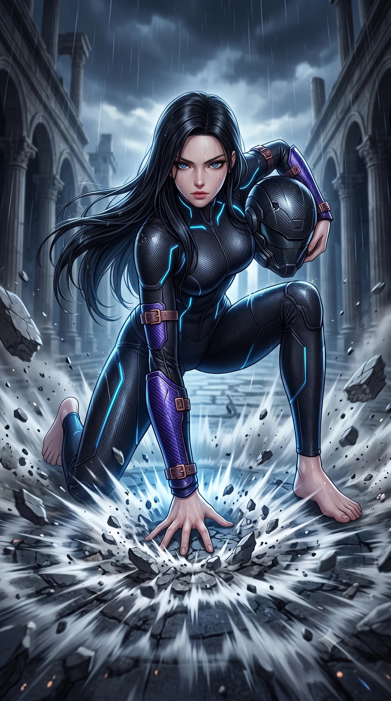 score_9, masterpiece, best quality, ultra-detailed, high-budget anime keyframe, semi-realistic 3D game render, editorial fashion photography, tasteful artistic composition, Korean woman. low angle full-body shot from head to toe showing her feet, filling the entire 9:16 vertical frame with her statuesque presence, stretching her vertical silhouette. landing gracefully from a high-altitude leap on one knee and palm, her statuesque silhouette framed by radial shockwave ripples in the ground while delivering a supersonic kinetic palm strike that shatters falling masonry in a radial blast of air and dust. The surrounding environment is rendered in vivid detail and crisp panoramic clarity. transcendent chiaroscuro contrast between sacred ruin architecture and glowing combat energy in precision. She has an absolutely perfect, statuesque 8.5-heads proportion, an exceptionally tall and slender model-like female figure with impossibly long slender legs, a toned flat midriff, and an ultra-slim waist. sharp v-shaped jawline, high-bridge nose, intricate jewel-like eyes with depth, thick eyelashes, glossy lips with a natural sheen, fierce and resolute heroine expression, flawlessly proportioned anatomical accuracy, strict slender model proportions, natural body alignment, perfectly sculpted long slender limbs, ultra-slim waistline, clean dynamic posture without body distortion. holding a modular carbon battle-helmet under one arm, her flawless face and sculpted neck exposed to the rain with determined warrior focus, paired with a skin-tight dark carbon-weave combat bodysuit with glowing neon energy conduits and reinforced Damascus-pattern forearm strike guards in royal purple carbon fiber with distressed rose-gold hardware and buckles, made of lightweight aerodynamic carbon-titanium alloy with precision-beveled armor seams, reinforced by a heavy-duty titanium tactical harness and glowing micro-energy status straps, the glove-like aerodynamic second-skin fit tightly clinging to her ultra-slender waist and athletic curves without adding bulk, accentuating her razor-sharp statuesque lines and slim hourglass silhouette. illuminated by crisp directional key light defining her razor-sharp jawline, eyes, and ultra-slim waist. rich saturated anime colors with glowing neon highlights, detailed shading with soft gradients, rich glossy textures, high-contrast stereoscopic depth, volumetric dynamic lighting, master piece, 9:16 ratio