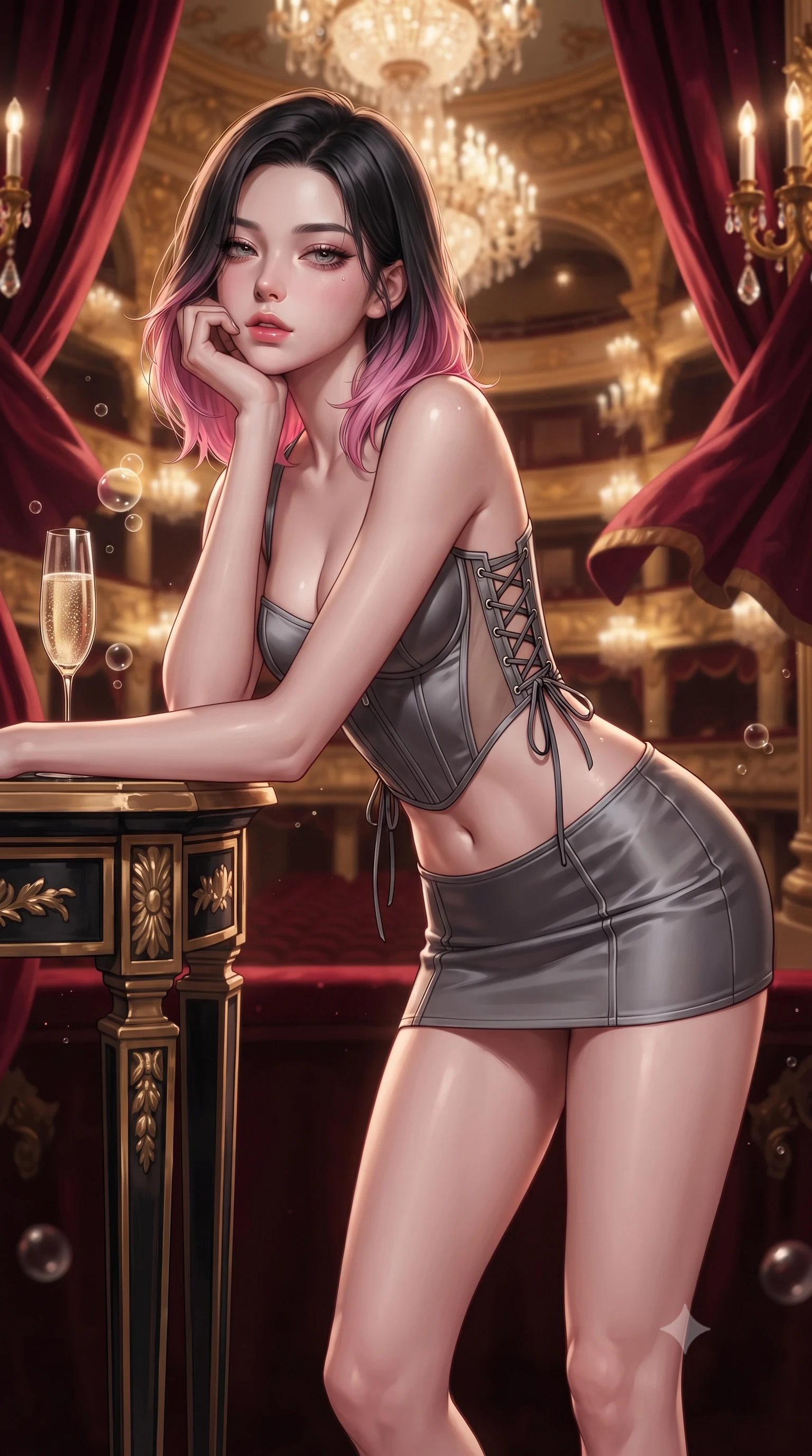 score_9, masterpiece, best quality, ultra-detailed, high-budget anime keyframe, editorial fashion photography, tasteful artistic composition, Korean woman. close-up cowboy shot from the waist and thighs up, the character dominates the composition, filling the frame with her large presence. resting one elbow on the table and supporting her chin, leaning close to the camera with heavy-lidded sparkling eyes and parted lips while standing poised in the gilded royal loge overlooking the grand auditorium, arching her spine with aristocratic charisma as levitating crimson velvet curtains flutter in mid-air. The background shows a soft-focus champagne bubbles in crystal flutes softened in royal opera loge sanctuary shallow focus. She has an exceptionally elegant, slender, and willowy female figure with an ultra-slim waist, flat toned midriff, narrow ribcage, and sculpted feminine hips creating an alluring, slim hourglass silhouette without bulk. sharp v-shaped jawline, high-bridge nose, intricate jewel-like sparkling eyes with depth, thick eyelashes, glossy parted lips with a natural peach sheen, bright cheerful beaming smile with an enchanting and coquettish sensual glint, exuding both youthful cute charm and seductive allure, flawlessly proportioned anatomical accuracy, strict slender model proportions, natural body alignment, perfectly sculpted long slender limbs, ultra-slim waistline, clean dynamic posture without body distortion. wearing a sculpted satin underwire crop corset with lace-up side ties paired with a low-rise micro skirt in charcoal grey and polished chrome, featuring strategic sheer-illusion tulle side panels framing her ribcage and hips, finished with sleek magnetic buckle closures fluttering in the breeze, the glove-like clinging cut tightly following the natural contour of her hips and long slender legs with youthful 8.5-heads elegance. bathed in the warm radiant 2700K illumination of thousands of crystal chandelier candles and gilded sconces. ultra-reflective glossy finish, specular highlights, rich textural contrasts, high-contrast stereoscopic depth, volumetric dynamic lighting, 2k, ultra detail, master piece, 9:16 ratio