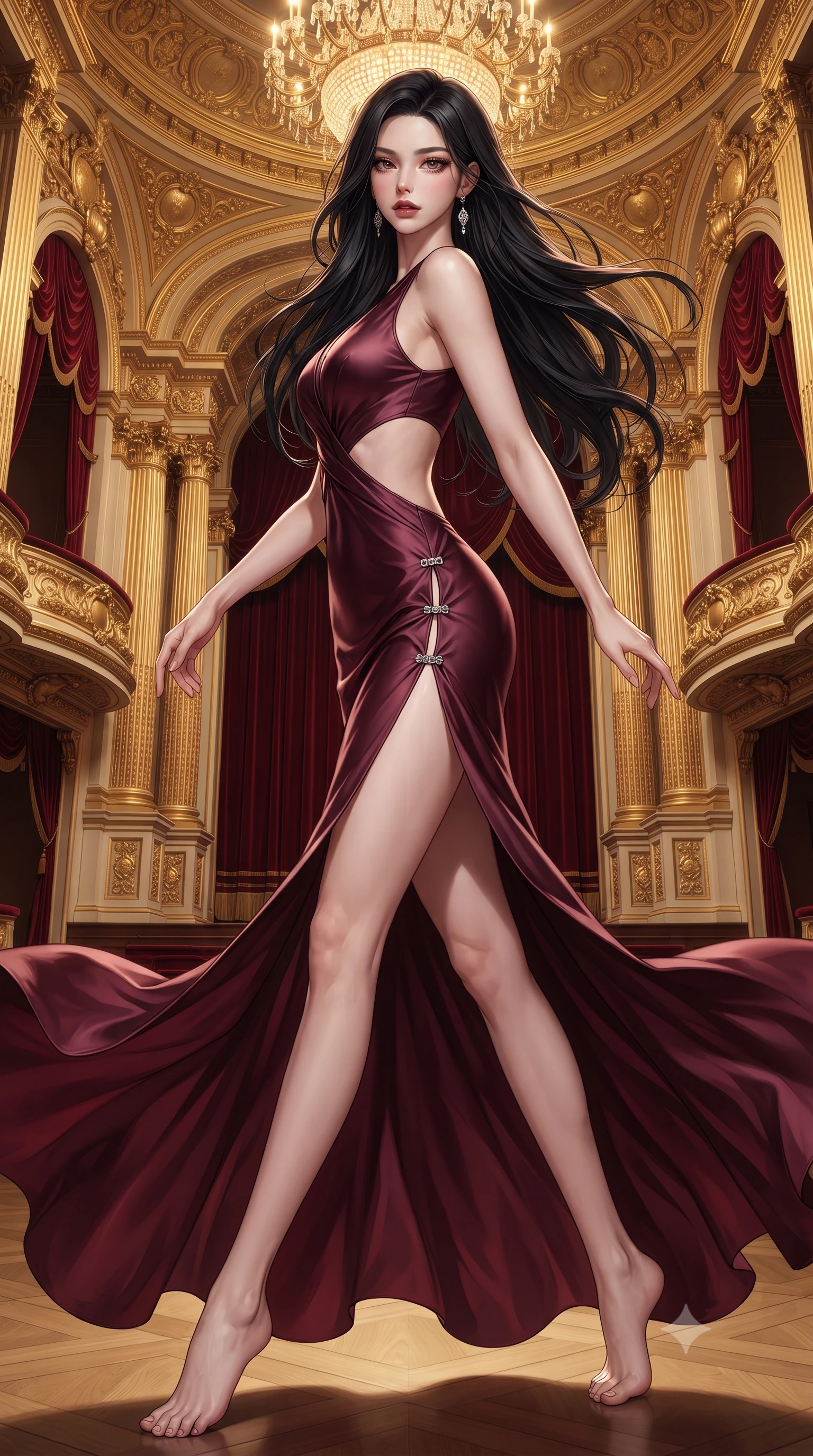 score_9, masterpiece, best quality, ultra-detailed, high-budget anime keyframe, editorial fashion photography, tasteful artistic composition, Korean woman. low angle full-body shot from head to toe showing her feet, filling the entire 9:16 vertical frame with her statuesque presence, stretching her vertical silhouette. executing an elegant mid-motion pivot turn as garments swirl around her slender limbs, glancing over her shoulder with an intoxicating bedroom-gaze while striding down the monumental gilded opera gallery with sovereign supermodel poise, hips swaying in an alluring rhythm that accentuates her curvy silhouette. The surrounding environment is rendered in vivid detail and crisp panoramic clarity. detailed velvet and lace gown texture, diamond jewelry shimmer, and classical opera architecture in high clarity. She has an exceptionally tall and slender model-like 8.5-heads proportion, an ultra-slim waist, a flat toned midriff, narrow delicate ribcage, and beautifully sculpted feminine hips creating a graceful, slim hourglass silhouette without any bulky heaviness, with impossibly long slender legs. sharp v-shaped jawline, high-bridge nose, intricate jewel-like eyes with depth, thick eyelashes, glossy parted lips with a natural sheen, intensely captivating and seductive bedroom-eyes expression, flawlessly proportioned anatomical accuracy, strict slender model proportions, natural body alignment, perfectly sculpted long slender limbs, ultra-slim waistline, clean dynamic posture without body distortion. wearing a sculptured liquid-satin mermaid gown with an architectural open-waist cutout and bare spine in deep wine burgundy and brushed dark platinum, woven from layered gossamer chiffon with a weightless sweeping drape, finished with an ultra-high side slit secured by miniature jeweled clasps, the liquid-tight tailored fabric clinging flawlessly to her narrow waist and rounded feminine hips, emphasizing every millimeter of her sculpted slim hourglass curves without any bulky heaviness. bathed in opulent golden crystal chandelier downlights contrasting with warm velvet bounce fill. ultra-reflective glossy finish, specular highlights, rich textural contrasts, high-contrast stereoscopic depth, volumetric dynamic lighting, 2k, ultra detail, master piece, 9:16 ratio