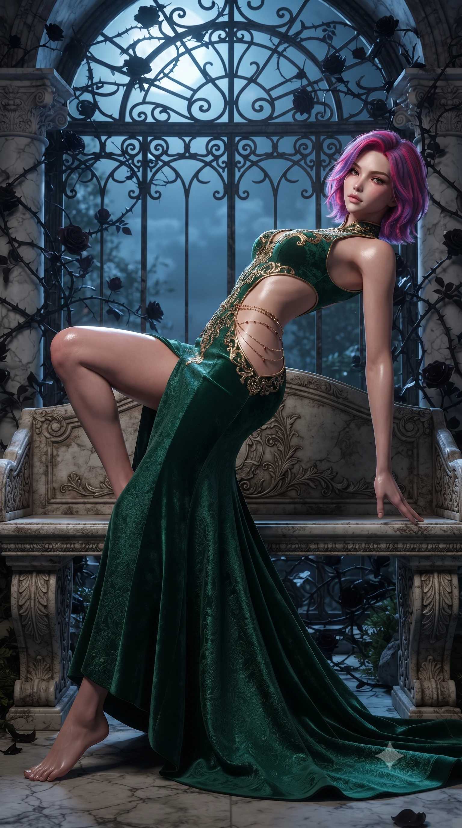 score_9, masterpiece, best quality, ultra-detailed, high-budget anime keyframe, editorial fashion photography, tasteful artistic composition, Caucasian woman. low angle full-body shot from head to toe showing her feet, filling the entire 9:16 vertical frame with her statuesque presence, stretching her vertical silhouette. reclining back languidly with one knee bent and spine arched in a breathtaking dancer line, commanding the entire 9:16 vertical frame while reclining languidly on an antique stone bench in a moonlit glasshouse orangerie as thorny black rose vines climb the iron rafters. The surrounding environment is rendered in vivid detail and crisp panoramic clarity. intricate wrought-iron filigree, velvet rose petal textures, and cracked marble masonry in sharp focus. She has an absolutely perfect, statuesque 8.5-heads proportion, an exceptionally tall and slender model-like female figure with impossibly long slender legs, a toned flat midriff, and an ultra-slim waist. sharp v-shaped jawline, high-bridge nose, intricate jewel-like eyes with depth, thick eyelashes, glossy parted lips with a natural sheen, intensely captivating and seductive expression, flawlessly proportioned anatomical accuracy, strict slender model proportions, natural body alignment, perfectly sculpted long slender limbs, ultra-slim waistline, clean dynamic posture without body distortion. wearing a sculptured liquid-satin mermaid gown with an architectural open-waist cutout and bare spine in antique emerald velvet and gold filigree, made of rich textured jacquard silk with baroque gold thread, complemented by a delicate gold waist chain framing her ultra-slim silhouette, the dramatically scooped open back descending to the base of her spine, accentuating her razor-sharp statuesque lines and slim hourglass silhouette. surrounded by a seductive, aristocratic, and dangerously alluring vampire queen aura. ultra-reflective glossy finish, specular highlights, rich textural contrasts, high-contrast stereoscopic depth, volumetric dynamic lighting, 2k, ultra detail, master piece, 9:16 ratio