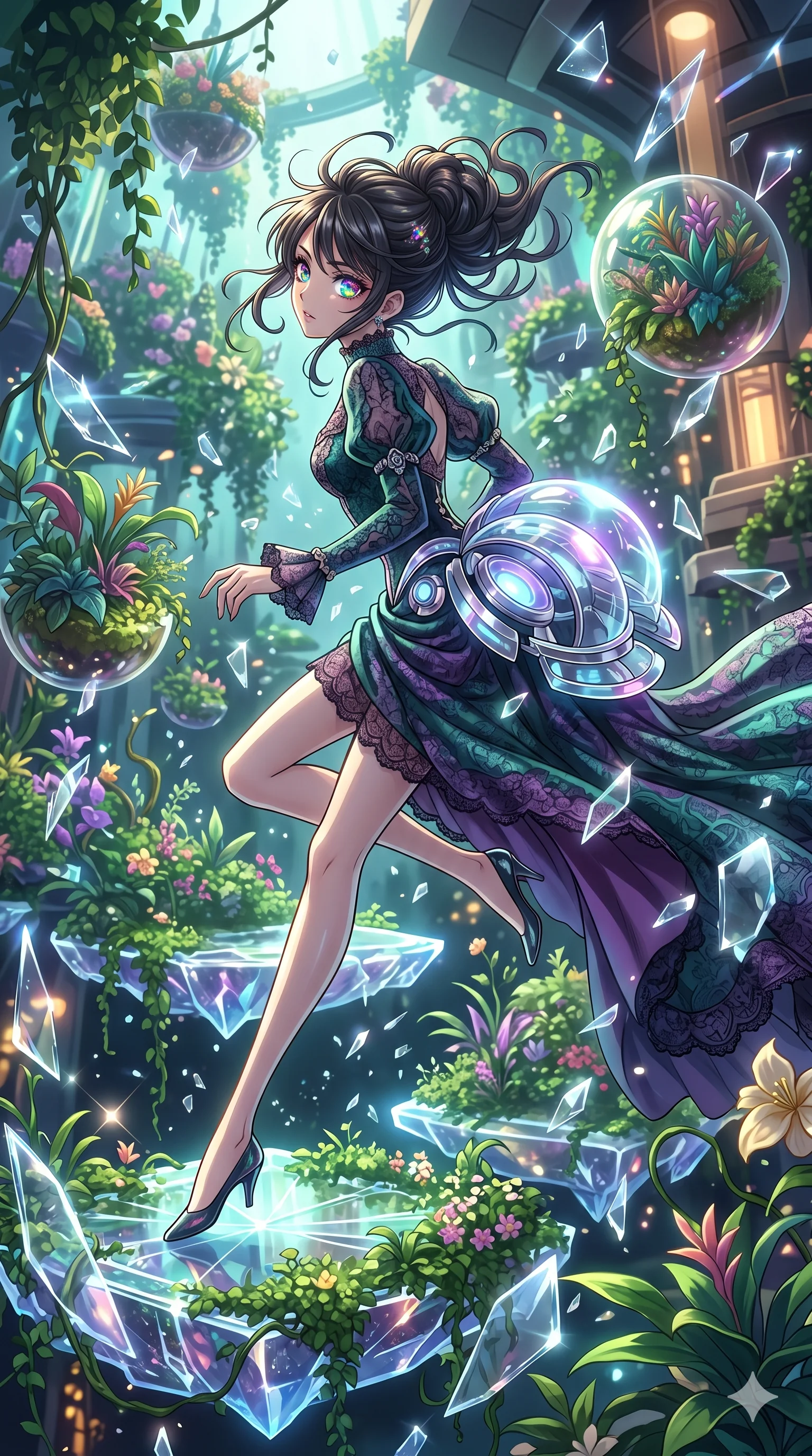 score_9, masterpiece, best quality, ultra-detailed, Set A: High-budget Anime Keyframe, Japanese woman. Low angle cowboy shot filling the entire 9:16 frame with her statuesque presence. Leaping through a floating botanical garden, while her eyes glow with 110 different colors and surrounded by shattered glass fragments. She has an absolutely perfect 8-heads proportion, an exceptionally tall and slender female figure with impossibly long slender legs and an ultra-slim waist. Sharp v-shaped jawline, high-bridge nose, intricate jewel-like eyes with depth, thick eyelashes, glossy lips with a natural sheen. Wearing Victorian-style lace gown with a futuristic glowing bustle and chrome accents. Cinematic lighting, vibrant colors, dramatic shadows, 2k, ultra detail, master piece, 9:16 ratio