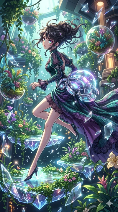 score_9, masterpiece, best quality, ultra-detailed, Set A: High-budget Anime Keyframe, Japanese woman. Low angle cowboy shot filling the entire 9:16 frame with her statuesque presence. Leaping through a floating botanical garden, while her eyes glow 
