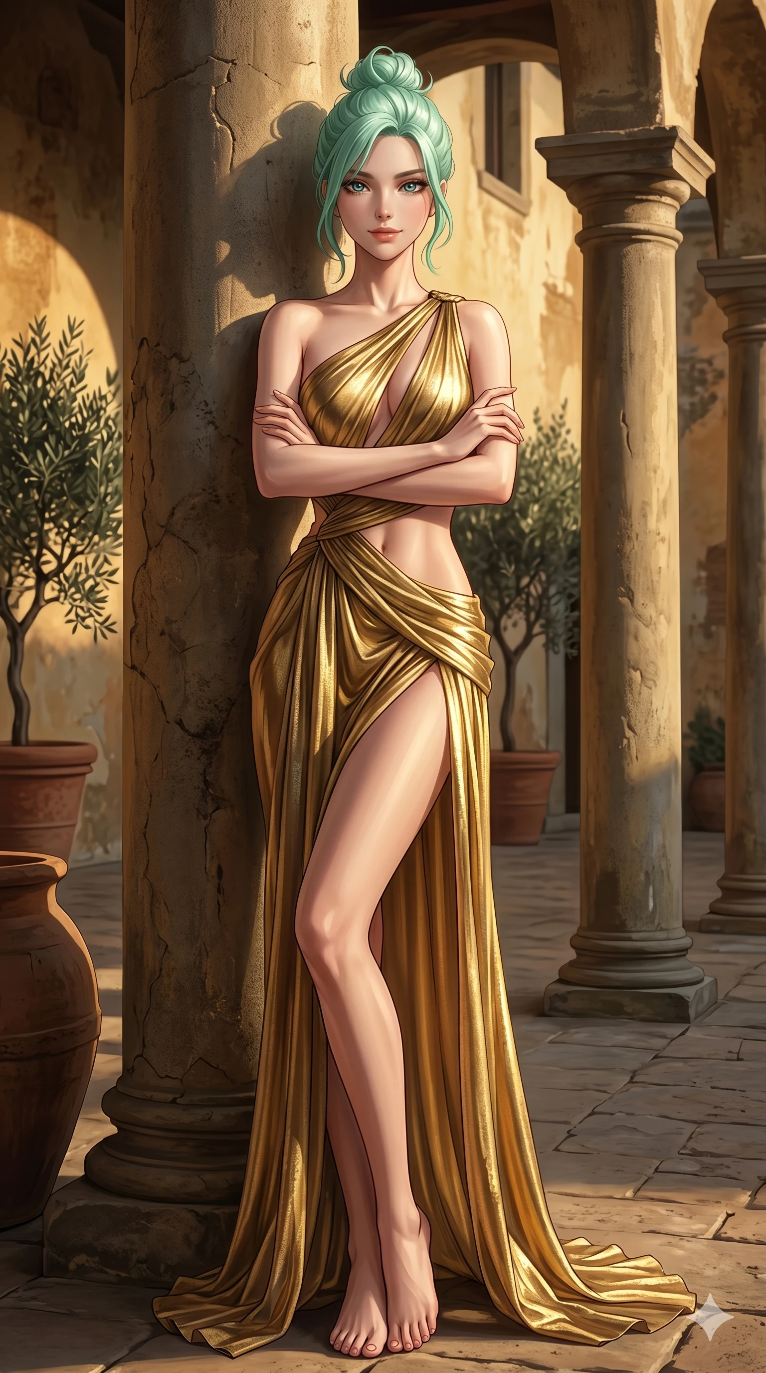 score_9, masterpiece, best quality, ultra-detailed, high-budget anime keyframe, editorial fashion photography, tasteful artistic composition, Japanese woman. cowboy shot from the thighs up, character and outfit filling the frame for maximum editorial presence. crossing her arms and leaning back, casting a cool, bedroom-eyes smile at the camera leaning against a stone pillar in a quiet courtyard of a Tuscan villa (Code-P16-134). She has an absolutely perfect 8-heads proportion, an exceptionally tall and slender female figure with impossibly long slender legs and an ultra-slim waist. V-shaped jawline, high-bridge nose, intricate jewel-like eyes with depth, thick eyelashes, glossy lips with a natural sheen. wearing a draped gold metallic chiffon gown with a dramatic open-waist cutout and high side slit. dramatic chiaroscuro lighting from the setting sun, accentuating her statuesque height. 2k, ultra detail, master piece, 9:16 ratio