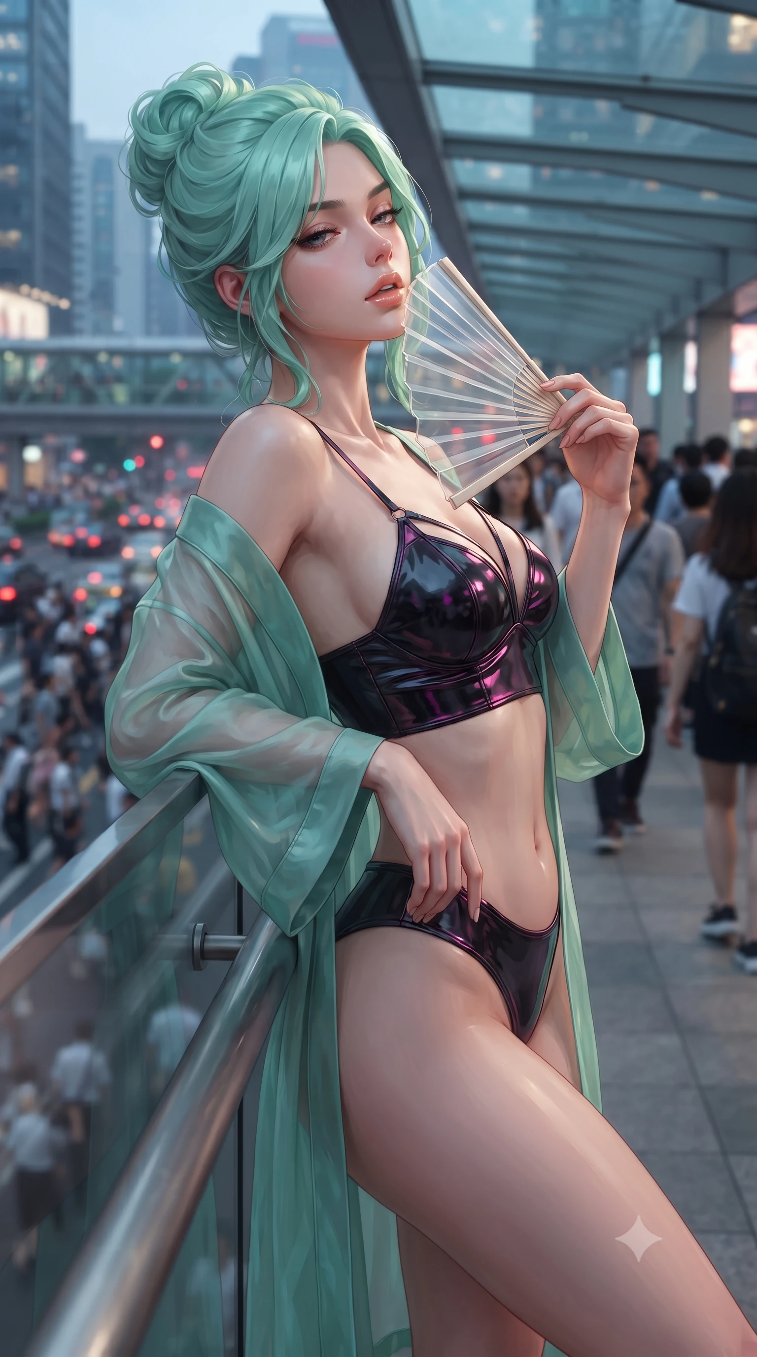 score_9, masterpiece, best quality, ultra-detailed, high-budget anime keyframe, editorial fashion photography, tasteful artistic composition, Japanese woman. close-up cowboy shot from the waist and thighs up, the character dominates the composition, filling the frame with her large presence. leaning back against the balustrade with relaxed seductive grace, head tilted back slightly while casting a hypnotic, heavy-lidded gaze while standing poised on the glass pedestrian bridge looking down over the bustling crossing, arching her back with high-fashion magnetism. The background shows a soft-focus moving crowds and traffic softened in iconic metropolitan shallow focus. She has an exceptionally elegant, slender, and willowy female figure with an ultra-slim waist, flat toned midriff, narrow ribcage, and sculpted feminine hips creating an alluring, slim hourglass silhouette without bulk. sharp v-shaped jawline, high-bridge nose, sparkling eyes with hypnotic seductive depth, thick curled eyelashes, glossy parted lips with a natural dewy peach sheen, alluring bedroom-eyes with an enchanting coquettish smile, exuding magnetic siren charisma and sophisticated glamour, flawlessly proportioned anatomical accuracy, strict slender model proportions, natural body alignment, perfectly sculpted long slender limbs, ultra-slim waistline, clean dynamic posture without body distortion. wearing a delicate semi-sheer jade silk boudoir robe worn loose and slipping off bare shoulders over a matching strappy bralette in wet-look onyx black with electric fuchsia reflections, woven from buttery-soft stretch lambskin leather adhering to her body like a second skin, finished with a transparent silk folding fan held gracefully near her glossy parted lips, the liquid-tight tailored fabric clinging flawlessly to her narrow waist and rounded feminine hips, emphasizing every millimeter of her sculpted slim hourglass curves without any bulky heaviness. illuminated by glass window bounce and sharp electric-cyan rim lights defining her razor-sharp jawline, ultra-slim waist, and curvy hips. ultra-reflective glossy finish, specular highlights, rich textural contrasts, high-contrast stereoscopic depth, volumetric dynamic lighting, 2k, ultra detail, master piece, 9:16 ratio