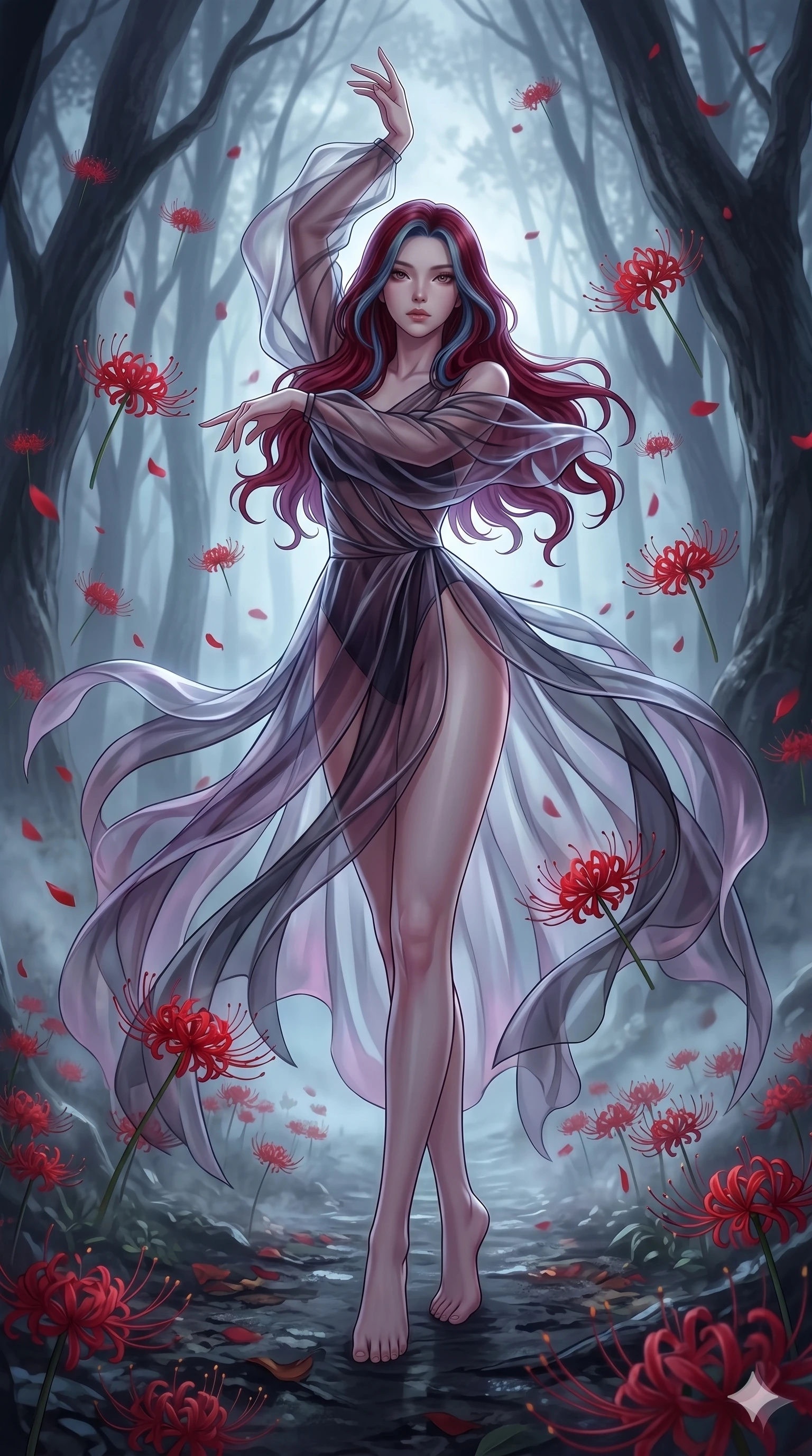 score_9, masterpiece, best quality, ultra-detailed, High-budget Anime Keyframe, East Asian woman. Low angle cowboy shot filling the entire 9:16 frame with her statuesque presence. Scenario 145: Dancing amidst falling red spider lilies in a misty dark forest. Her presence is magnetic and overpowering in this high-budget anime scene. Outfit 145: A sheer organza bare with a high-cut leg line and translucent layers. The clothing is designed to emphasize her exceptionally tall and slender 8-heads proportion. 8-heads proportion, towering silhouette, ultra-slim waist. sharp v-shaped jawline, intricate jewel-like eyes with depth, thick eyelashes, glossy lips. 2k, ultra detail, master piece, 9:16 ratio