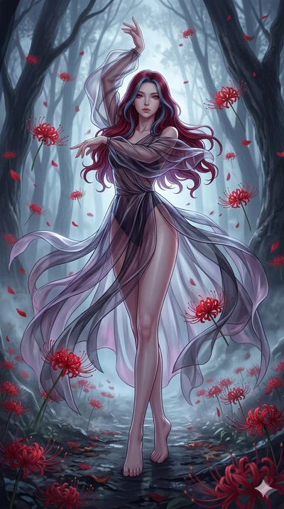 score_9, masterpiece, best quality, ultra-detailed, High-budget Anime Keyframe, East Asian woman. Low angle cowboy shot filling the entire 9:16 frame with her statuesque presence. Scenario 145: Dancing amidst falling red spider lilies in a misty dark
