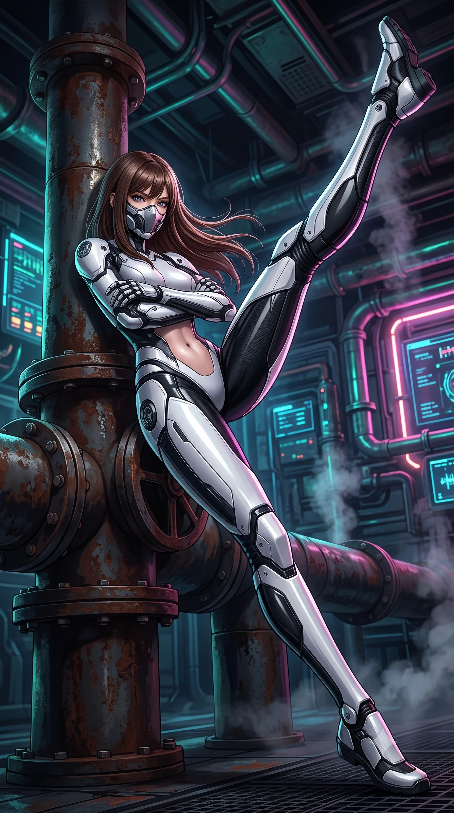 score_9, masterpiece, best quality, ultra-detailed, high-budget anime keyframe, semi-realistic 3D game render, editorial fashion photography, tasteful artistic composition, Korean woman. low angle full-body shot from head to toe showing her feet, filling the entire 9:16 vertical frame with her statuesque presence, stretching her vertical silhouette. executing a breathtaking zero-gravity high-kick with full 180-degree vertical extension, her impossibly long slender legs dominating the frame with razor-sharp poise while resting against a massive drainage valve pipe with arms crossed loosely, casting a smoldering, direct gaze into the lens. The surrounding environment is rendered in vivid detail and crisp panoramic clarity. deep subterranean chiaroscuro and raw industrial conduit engineering rendered with precision. She has an absolutely perfect, statuesque 8.5-heads proportion, an exceptionally tall and slender model-like female figure with impossibly long slender legs, a toned flat midriff, and an ultra-slim waist. sharp v-shaped jawline, high-bridge nose, intricate jewel-like eyes with depth, thick eyelashes, glossy lips with a natural sheen, fierce and resolute heroine expression, flawlessly proportioned anatomical accuracy, strict slender model proportions, natural body alignment, perfectly sculpted long slender limbs, ultra-slim waistline, clean dynamic posture without body distortion. wearing a sleek titanium half-face combat rebreather guard protecting her lower jaw while leaving her expressive eyes and long hair flowing freely, paired with an ultra-sleek high-gloss carbon-composite exoskeleton suit featuring kinetic shock-absorbing shin guards and flexible limb articulation joints in monochrome white enamel carbon with high-contrast black tactical panels, made of lightweight aerodynamic carbon-titanium alloy with precision-beveled armor seams, detailed with kinetic shock-dampening knuckle guards and polished chrome connection joints, the liquid-tight tailored fabric emphasizing every curve of her tall, slender model proportions and sculptured silhouette during dynamic movement. surrounded by an agile, lethal, and breathtakingly athletic aquatic infiltration operative aura. rich saturated anime colors with glowing neon highlights, detailed shading with soft gradients, rich glossy textures, high-contrast stereoscopic depth, volumetric dynamic lighting, master piece, 9:16 ratio