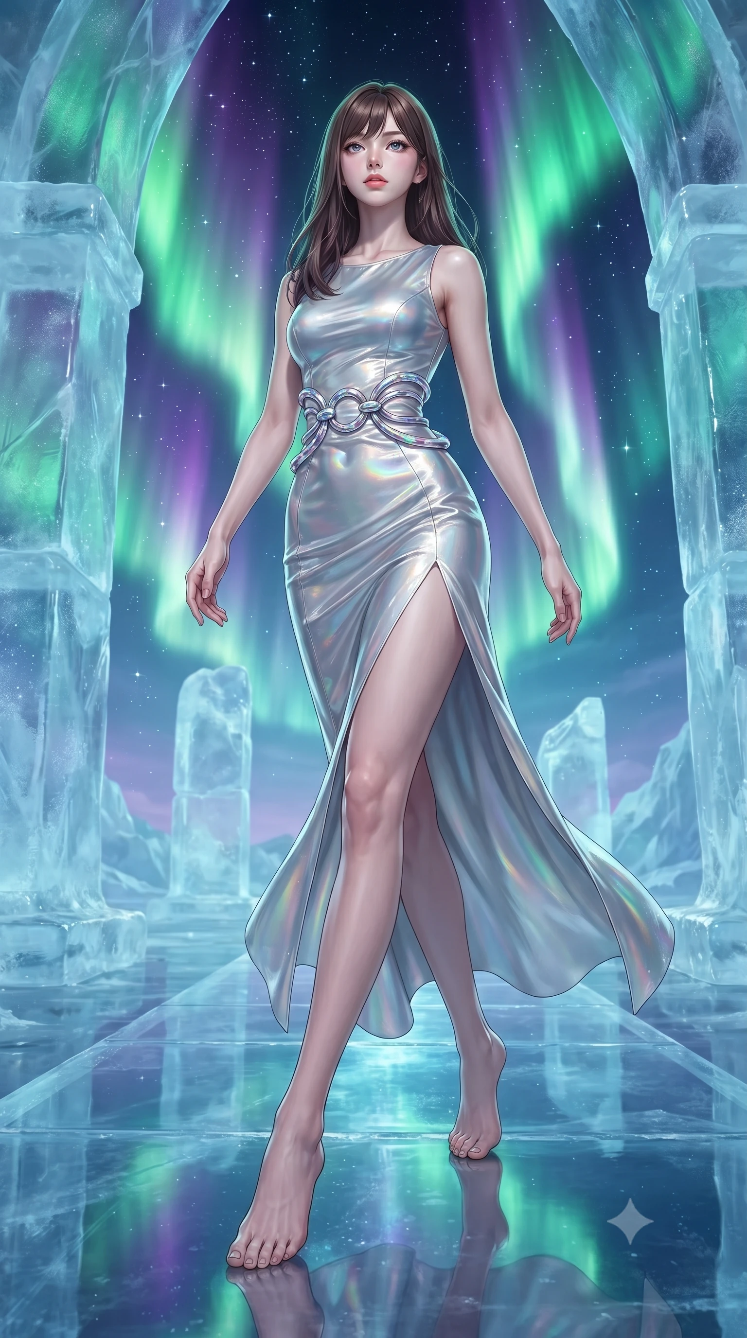 score_9, masterpiece, best quality, ultra-detailed, high-budget anime keyframe, editorial fashion photography, tasteful artistic composition, Korean woman. low angle full-body shot from head to toe showing her feet, filling the entire 9:16 vertical frame with her statuesque presence, stretching her vertical silhouette. stepping gracefully through the radiant environment, stretching her statuesque silhouette, standing on a reflective ice catwalk inside a glacier cathedral illuminated by shifting aurora borealis, fine diamond dust frost glittering like stars in the cool ambient air. She has an absolutely perfect, statuesque 8.5-heads proportion, an exceptionally tall and slender model-like female figure with impossibly long slender legs and an ultra-slim waist. sharp v-shaped jawline, high-bridge nose, intricate jewel-like eyes with depth, thick eyelashes, glossy lips with a natural sheen. wearing fitted opal-glazed silk maxi dress hugging every curve in metallic silver, made of iridescent hologram organza, accented with sculpted opal chrome rings at the waist, the fitted fabric emphasizing her ultra-slim waist. lit by intense aurora key light cutting through clear translucent ice. highly saturated vibrant anime colors, detailed shading with soft gradients, rich glossy textures, high-contrast stereoscopic depth, volumetric dynamic lighting, master piece, 9:16 ratio