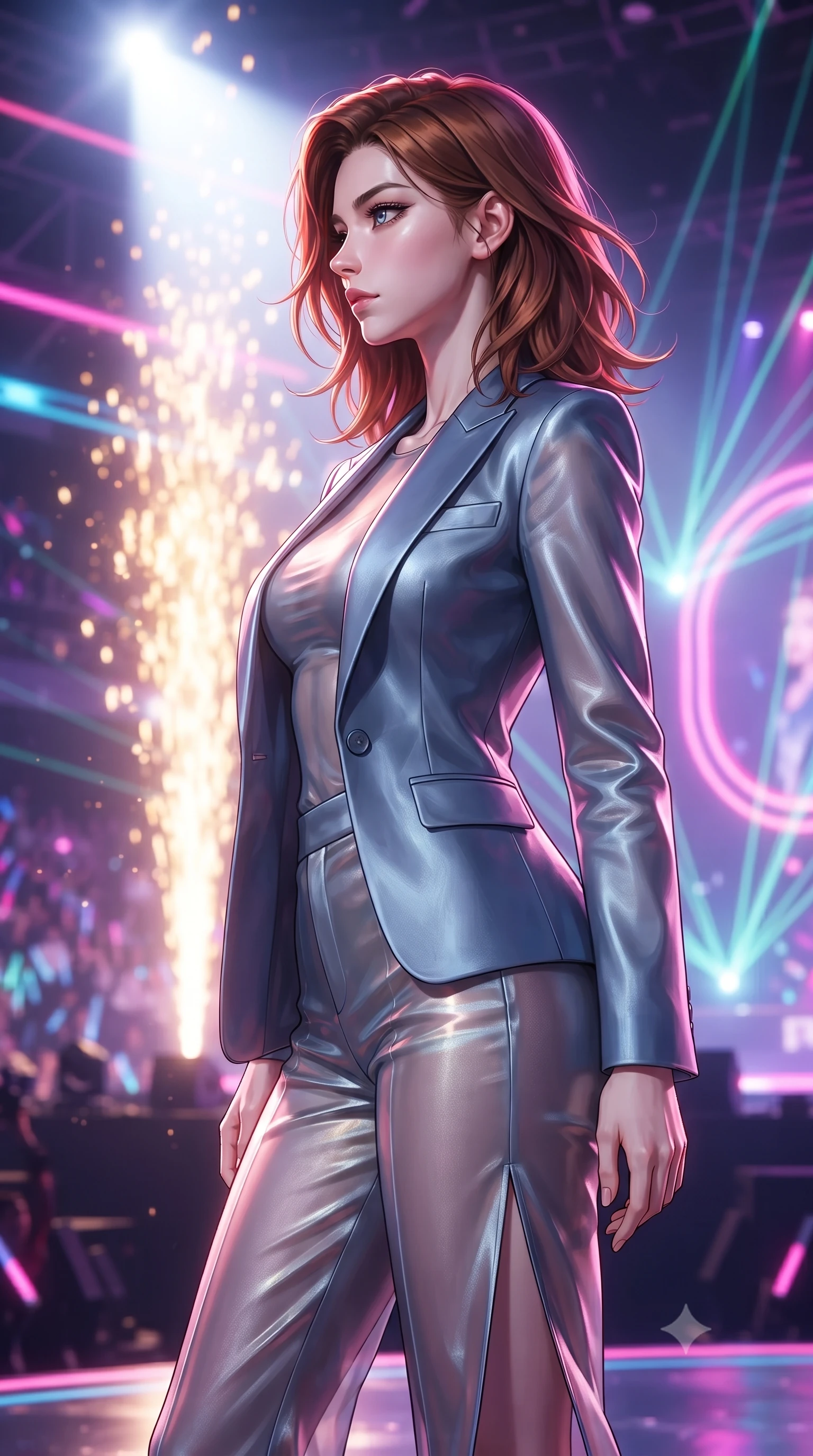 score_9, masterpiece, best quality, ultra-detailed, high-budget anime keyframe, editorial fashion photography, tasteful artistic composition, Korean woman. close-up cowboy shot from the waist and thighs up, the character dominates the composition, filling the frame with her large presence, background elements kept in soft focus. Turning her face in sharp dramatic profile against the bright light, showcasing her sharp v-shaped jawline standing in the spotlight on a massive stadium concert stage with background laser beams, golden pyrotechnic sparks falling like a waterfall behind her silhouette. She has an exceptionally elegant, slender, and willowy female figure with an ultra-slim waist, a gracefully sculpted slender torso, and a refined silhouette. sharp v-shaped jawline, high-bridge nose, intricate jewel-like eyes with depth, thick eyelashes, glossy lips with a natural sheen. wearing a tailored silk blazer over a form-contouring top and fitted slacks in slate blue and metallic silver, woven from fine semi-opaque sheer organza, finished with a sleek side slit ascending to mid-thigh, the sleek second-skin texture accentuating her magnetic presence. bathed in intense volumetric stage spotlights and vivid neon rim lights. ultra-reflective glossy finish, specular highlights, metallic sheen, high-contrast stereoscopic depth, volumetric dynamic lighting, 2k, ultra detail, master piece, 9:16 ratio