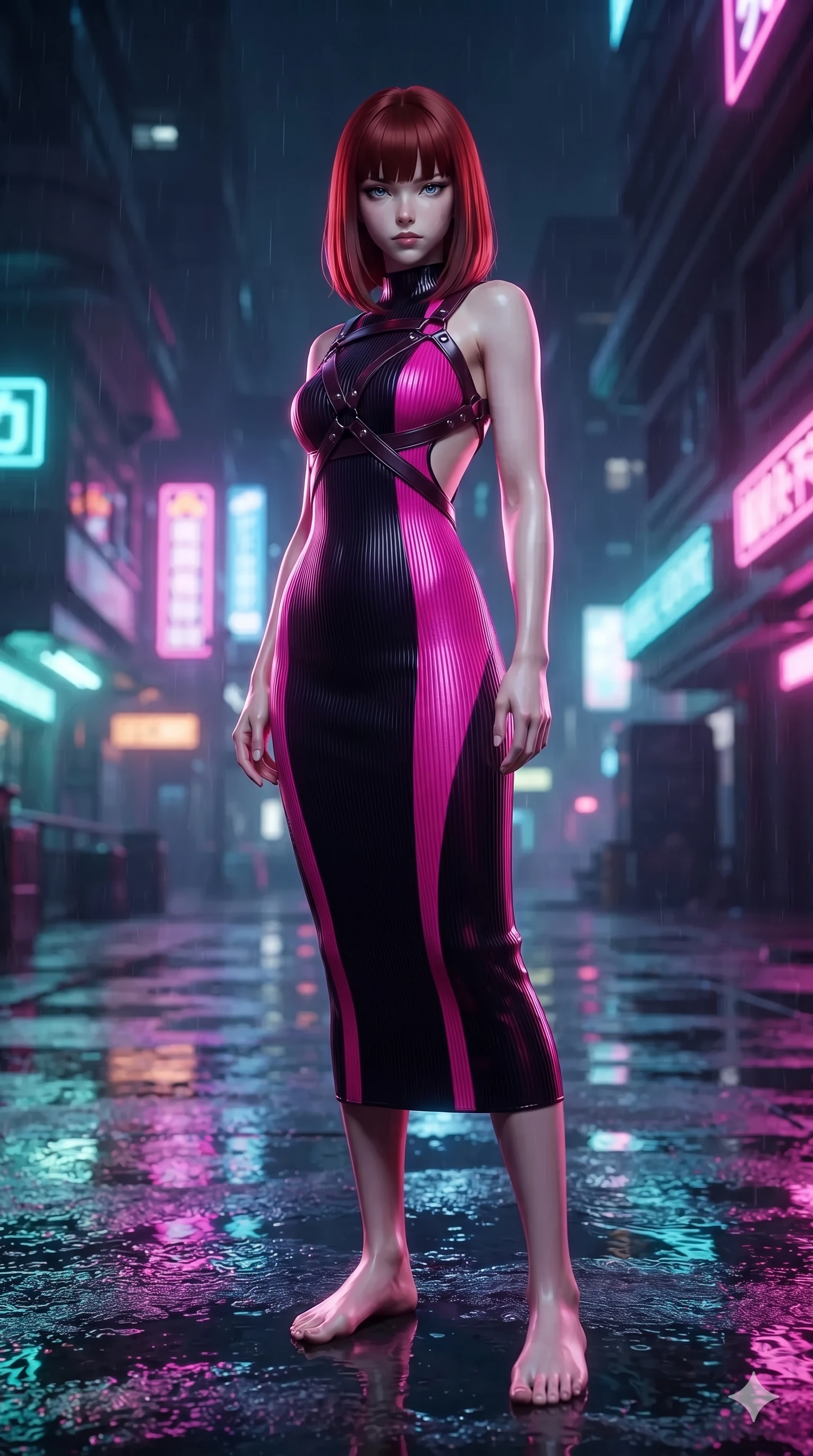 score_9, masterpiece, best quality, ultra-detailed, high-budget anime keyframe, editorial fashion photography, tasteful artistic composition, Caucasian woman. low angle full-body shot from head to toe showing her feet, filling the entire 9:16 vertical frame with her statuesque presence, stretching her vertical silhouette. stepping slowly toward the camera with hypnotic grace, hips swaying in an alluring sensual rhythm that accentuates her curvy hourglass silhouette and long slender legs while crouching gracefully on the rain-slicked esplanade deck, glancing back with smoldering bedroom-eyes as neon reflections wash over her dress. The surrounding environment is rendered in vivid detail and crisp panoramic clarity: detailed wet-look silk wrap tailoring, fine mesh cutouts, and futuristic esplanade architecture in razor-sharp clarity. She has an exceptionally tall and slender model-like 8.5-heads proportion, an ultra-slim waist, a flat toned midriff, narrow delicate ribcage, and beautifully sculpted feminine hips creating a graceful, slim hourglass silhouette without any bulky heaviness, with impossibly long slender legs. sharp v-shaped jawline, high-bridge nose, intricate jewel-like sparkling eyes with depth, thick eyelashes, glossy parted lips with a natural sheen, intensely captivating and seductive bedroom-eyes expression, exuding both youthful cute charm and sovereign luxury allure, flawlessly proportioned anatomical accuracy, strict slender model proportions, natural body alignment, perfectly sculpted long slender limbs, ultra-slim waistline, clean dynamic posture without body distortion. wearing an ultra-sleek form-fitting ribbed silk-knit midi dress with elegant collar cutouts contouring her feminine hourglass silhouette in black lacquer and vibrant magenta neon, woven from stretch metallic lurex jersey casting radiant starlight glints across her curves, featuring an open-back criss-cross harness strap in dark leather, the form-contouring cut accentuating her sculpted flat midriff, narrow delicate ribcage, and gracefully curvy hips with intoxicating allure. illuminated by rain puddle bounce and sharp scarlet-violet rim lights sculpting her razor-sharp jawline, narrow waist, and curvy hips. ultra-reflective glossy finish, specular highlights, rich textural contrasts, high-contrast stereoscopic depth, volumetric dynamic lighting, 2k, ultra detail, master piece, 9:16 ratio