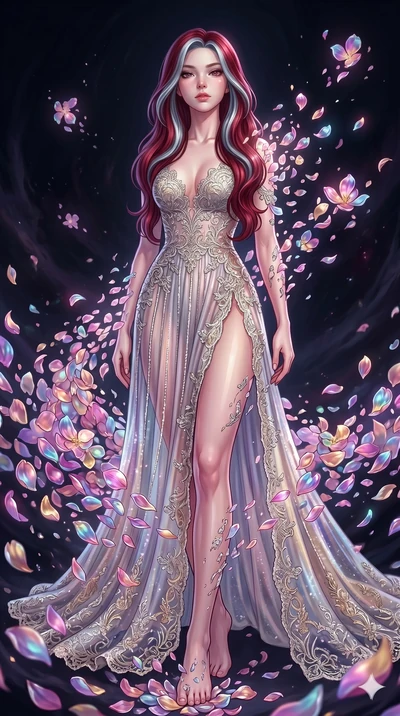 score_9, masterpiece, best quality, ultra-detailed, High-budget Anime Keyframe, East Asian woman. Low angle cowboy shot filling the entire 9:16 frame with her statuesque presence. Scenario 231: Dissolving into a cloud of iridescent silk petals in a v