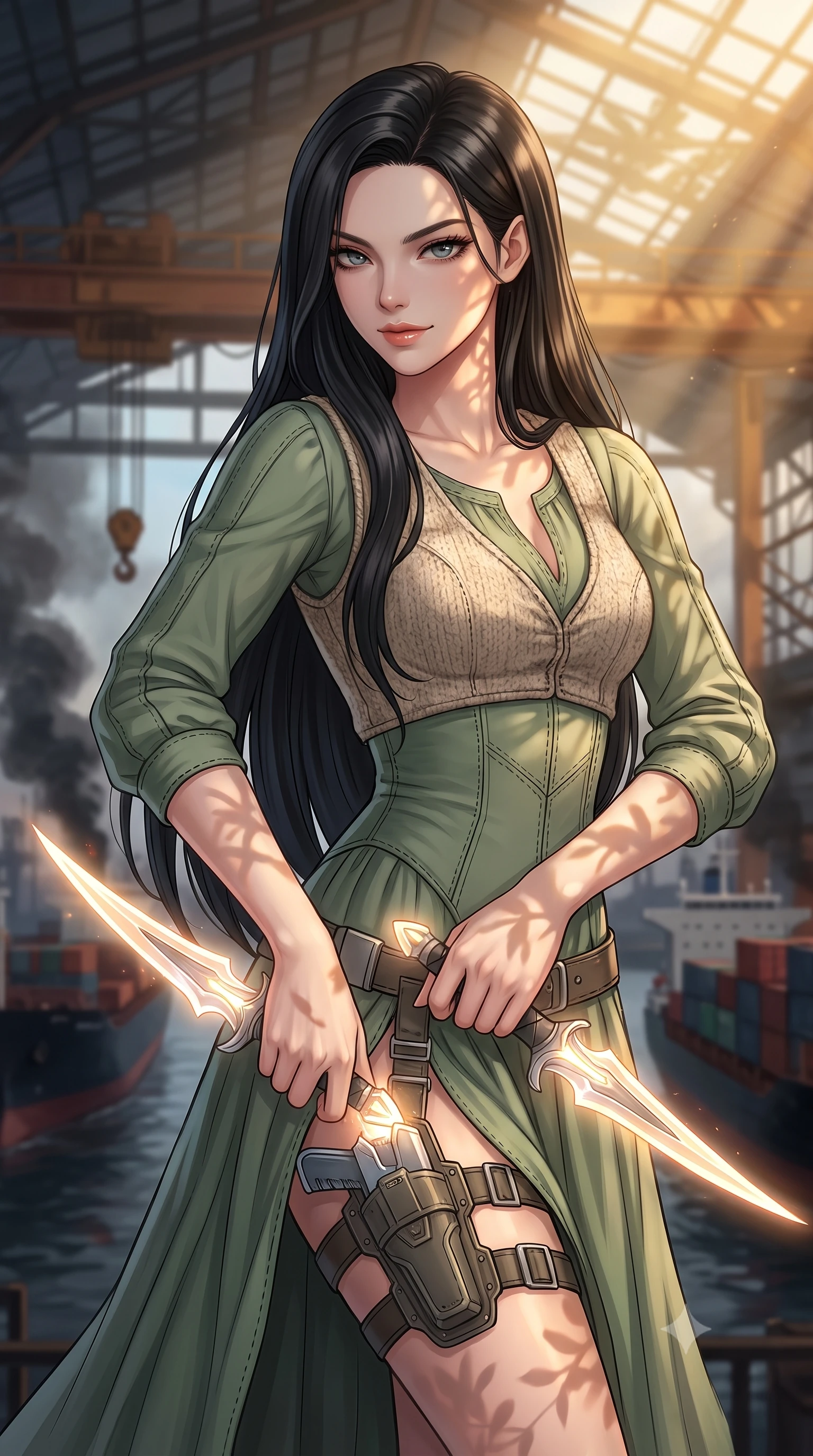 score_9, masterpiece, best quality, ultra-detailed, high-budget anime keyframe, editorial fashion photography, tasteful artistic composition, Korean woman. close-up cowboy shot from the waist and thighs up, the character dominates the composition, filling the frame with her large presence, background elements kept in soft focus. Drawing a twin set of energy daggers with a quiet, menacing smile and a sharp sidelong glare. set against a soft-focus background of a high industrial crane gantry overlooking a dark, smoky harbor filled with cargo ships. She has an exceptionally elegant and slender, willowy female figure with an ultra-slim waist, a gracefully sculpted slender torso, and a refined slim physique. sharp v-shaped jawline, high-bridge nose, intricate jewel-like eyes with depth, thick eyelashes, glossy lips with a natural sheen. wearing tailored for maximum mobility, sleek form-contouring panels that allow fluid movement, a slim-fit bohemian peasant-style cotton dress in sage green, layered with a cozy oatmeal wool-blend vest. highly saturated vibrant anime colors, intense vivid color palette, soft 3D volumetric shading, volumetric dynamic lighting, warm golden afternoon sunbeams casting soft organic leaf shadows across her skin. 2k, ultra detail, master piece, 9:16 ratio