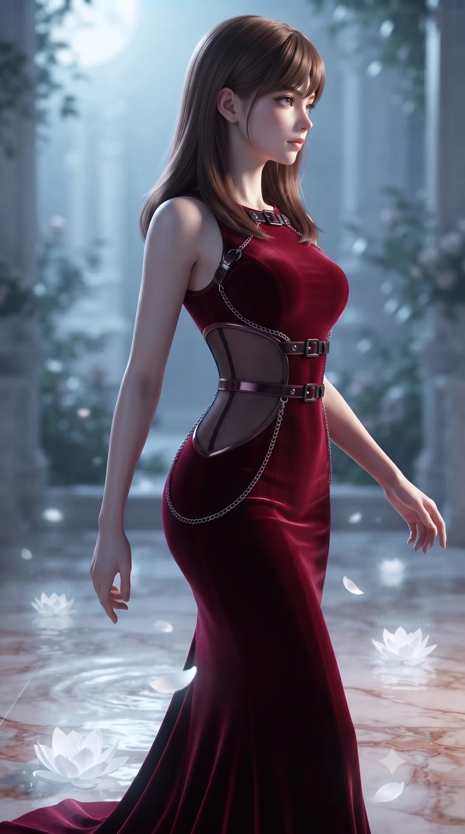 score_9, masterpiece, best quality, ultra-detailed, high-budget anime keyframe, editorial fashion photography, tasteful artistic composition, Korean woman. close-up cowboy shot from the waist and thighs up, the character dominates the composition, filling the frame with her large presence, background elements kept in soft focus. Turning her face in sharp dramatic profile against the key light, stepping gracefully onto a warm marble floor glinting with moonlit ripples, floating white lotus petals emitting a subtle ghostly white glow. She has an exceptionally elegant, slender, and willowy female figure with an ultra-slim waist, a gracefully sculpted slender torso, and a refined silhouette. sharp v-shaped jawline, high-bridge nose, intricate jewel-like eyes with depth, thick eyelashes, glossy lips with a natural sheen. wearing sculpted form-fitting dark velvet column gown in pitch black in deep crimson burgundy, made of fine dark contouring mesh, framed by dark titanium buckles and silver chain details, the fitted fabric emphasizing her ultra-slim waist. lit by clear moonbeam key rays casting soft graceful shadows. ultra-reflective glossy finish, specular highlights, metallic sheen, high-contrast stereoscopic depth, volumetric dynamic lighting, 2k, ultra detail, master piece, 9:16 ratio