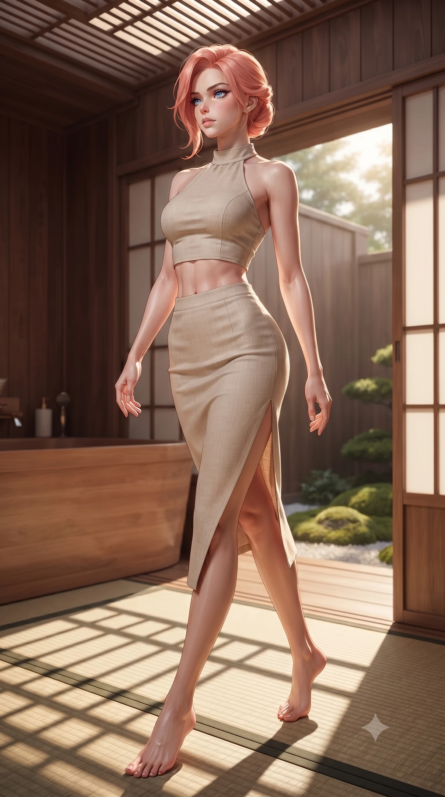 score_9, masterpiece, best quality, ultra-detailed, high-budget anime keyframe, editorial fashion photography, tasteful artistic composition, Japanese woman woman. low angle full-body shot from head to toe showing her feet, filling the entire 9:16 vertical frame with her statuesque presence, stretching her vertical silhouette. stepping gracefully while looking back over her shoulder, her dress draped tightly to reveal her silhouette the background shows a soft-focus a private cypress wood bath (hinoki) facing a small moss garden through sliding doors. She has an absolutely perfect, statuesque 8.5-heads proportion, an exceptionally tall and slender model-like female figure with impossibly long slender legs and an ultra-slim waist. sharp v-shaped jawline, high-bridge nose, intricate jewel-like eyes with depth, thick eyelashes, glossy lips with a natural sheen. wearing a body-hugging linen halter-neck crop top paired with a matching high-slit midi skirt, revealing a sculpted midriff. soft late afternoon sunrays casting long wooden grid shadows on the tatami. ultra-reflective glossy finish, specular highlights, metallic sheen, high-contrast stereoscopic depth, volumetric dynamic lighting, 2k, ultra detail, master piece, 9:16 ratio