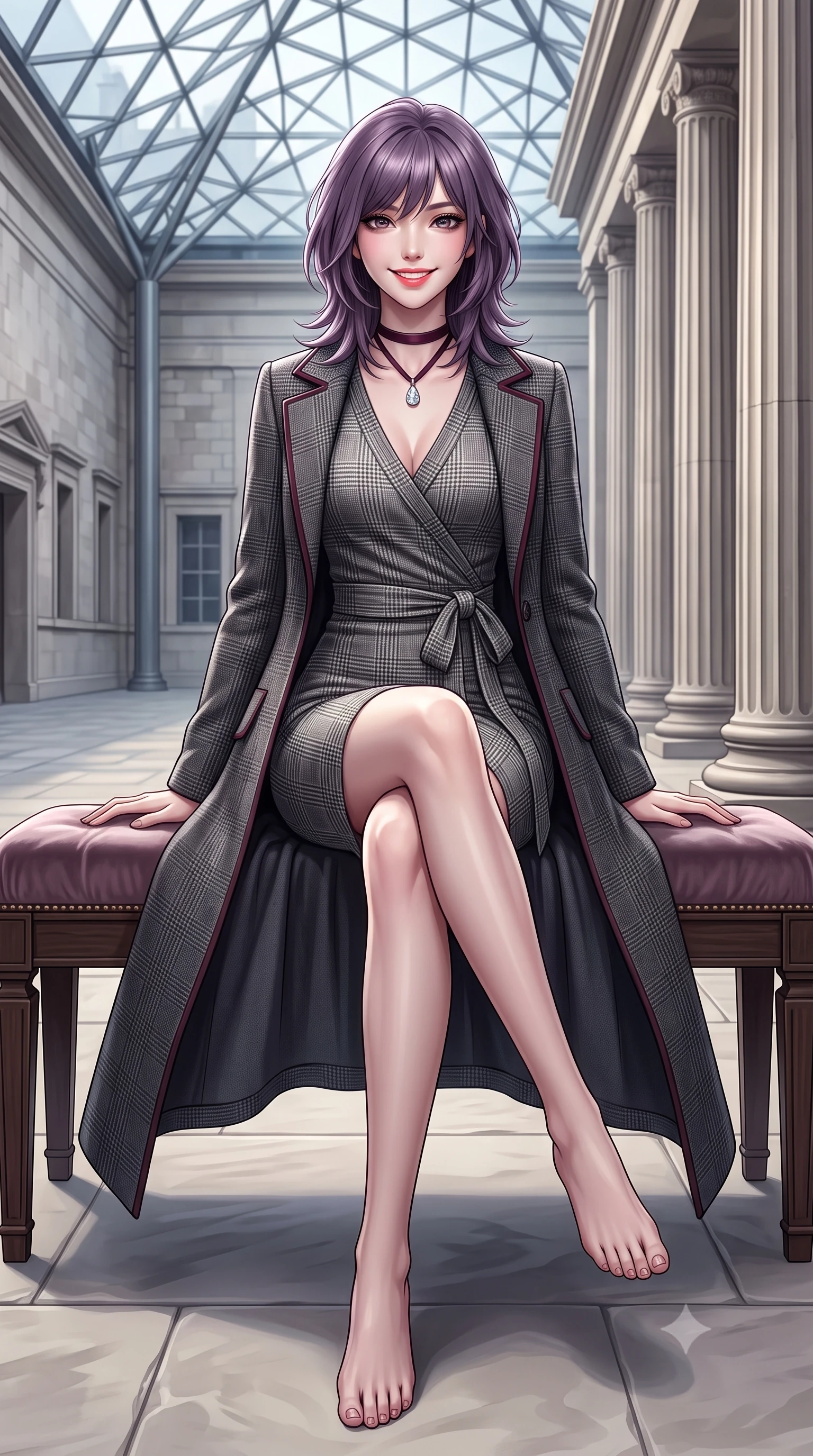 score_9, masterpiece, best quality, ultra-detailed, high-budget anime keyframe, semi-realistic 3D game render, editorial fashion photography, tasteful artistic composition, Japanese woman. low angle full-body shot from head to toe showing her feet, filling the entire 9:16 vertical frame with her statuesque presence, stretching her vertical silhouette. sitting gracefully on the plush bench with legs crossed and angled toward the camera, highlighting her long slender limbs and hourglass waist while stepping gracefully across the vast limestone courtyard floor, her long tailored coat flowing with statuesque elegance. The surrounding environment is rendered in vivid detail and crisp panoramic clarity: sharp geometric steel strut joinery of glass ceiling, fluted column stone grooves, and smooth honed limestone paving joints in deep focus. She has an exceptionally tall and slender model-like 8.5-heads proportion, an ultra-slim waist, a flat toned midriff, narrow delicate ribcage, and beautifully sculpted feminine hips creating a graceful, slim hourglass silhouette without any bulky heaviness, with impossibly long slender legs. sharp v-shaped jawline, high-bridge nose, intricate jewel-like sparkling eyes with depth, thick eyelashes, glossy parted lips with a natural peach sheen, bright cheerful beaming smile with an enchanting and coquettish sensual glint, exuding both youthful cute charm and seductive allure, flawlessly proportioned anatomical accuracy, strict slender model proportions, natural body alignment, perfectly sculpted long slender limbs, ultra-slim waistline, clean dynamic posture without body distortion. wearing a form-fitting ribbed silk-cashmere wrap dress with a cinched sash belt framing her feminine hourglass proportions in classic glen plaid monochrome with subtle wine red accent, woven from fine elastic rib-knit fabric tracing every millimeter of her slender torso, finished with a narrow velvet neck ribbon and a sparkling teardrop crystal pendant, the liquid-tight tailored fabric clinging flawlessly to her narrow waist and rounded feminine hips, emphasizing every millimeter of her sculpted slim hourglass curves without any bulky heaviness. illuminated by pale stone reflection bounce and sharp platinum rim lights sculpting her jawline, narrow waist, and statuesque proportions. highly saturated vibrant anime colors, detailed shading with soft gradients, rich glossy textures, high-contrast stereoscopic depth, volumetric dynamic lighting, master piece, 9:16 ratio