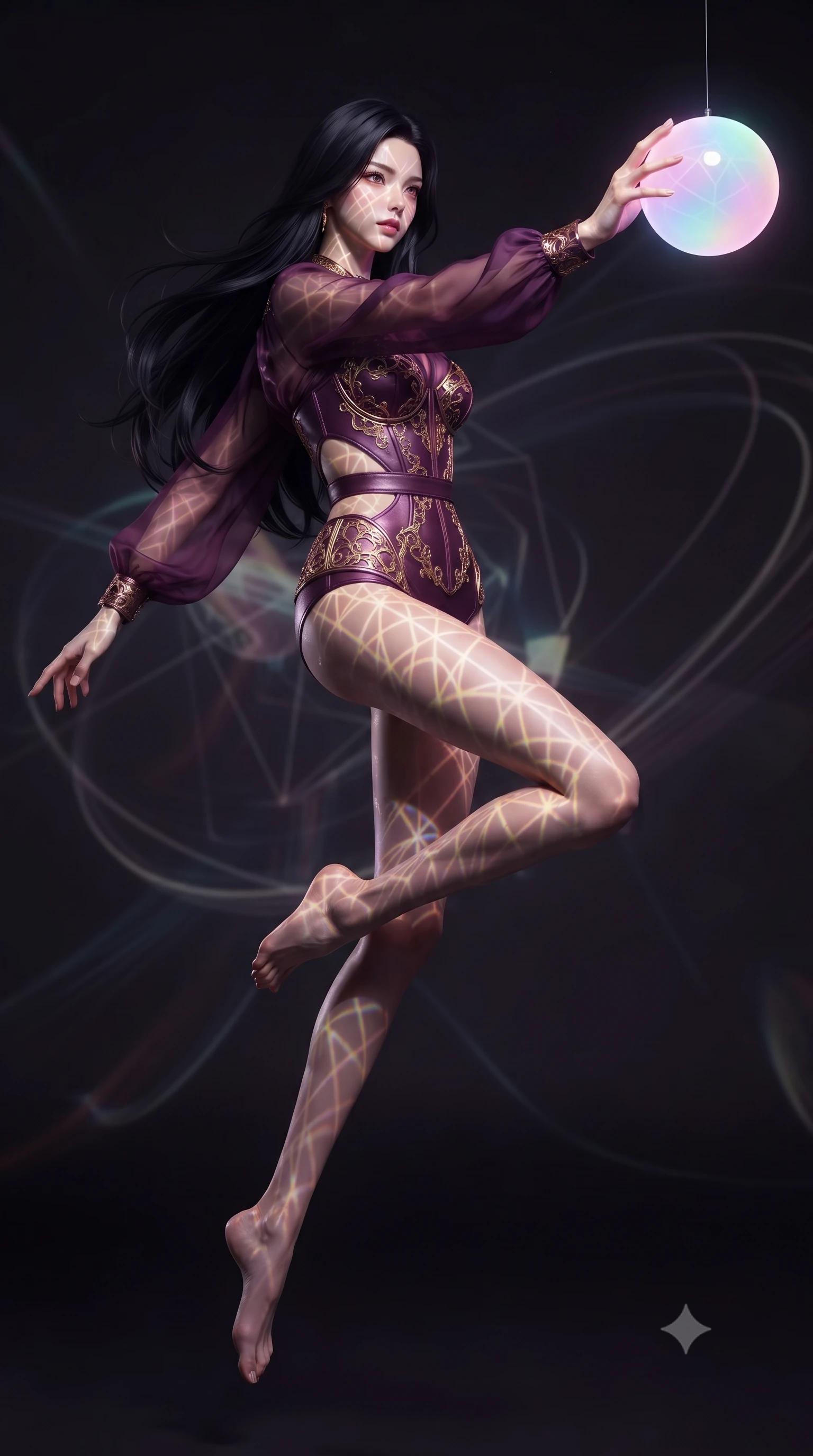 score_9, masterpiece, best quality, ultra-detailed, high-budget anime keyframe, editorial fashion photography, tasteful artistic composition, Korean woman. low angle full-body shot from head to toe showing her feet, filling the entire 9:16 vertical frame with her statuesque presence, stretching her vertical silhouette. performing an athletic mid-air rotation with flawless poise, her vertical silhouette beautifully stretched while reaching forward with an arm stretch to touch a pulsating pastel light sphere, intricate geometric lattice patterns of light projected onto her skin. She has an absolutely perfect, statuesque 8.5-heads proportion, an exceptionally tall and slender model-like female figure with impossibly long slender legs and an ultra-slim waist. sharp v-shaped jawline, high-bridge nose, intricate jewel-like eyes with depth, thick eyelashes, glossy lips with a natural sheen, flawlessly proportioned anatomical accuracy, natural body alignment, perfectly sculpted elegant limbs, clean dynamic posture without body distortion. wearing a tailored leather bustier over a sheer silk chiffon blouse in plum purple and gold filigree, made of premium stretch velvet with a rich sheen, featuring subtle geometric cutouts that highlight her ultra-slim midriff, the elegant draped fit framing her graceful clavicle and slender torso. surrounded by a vibrant fluorescent aura with bright specular rim lights. ultra-reflective glossy finish, specular highlights, metallic sheen, high-contrast stereoscopic depth, volumetric dynamic lighting, 2k, ultra detail, master piece, 9:16 ratio
