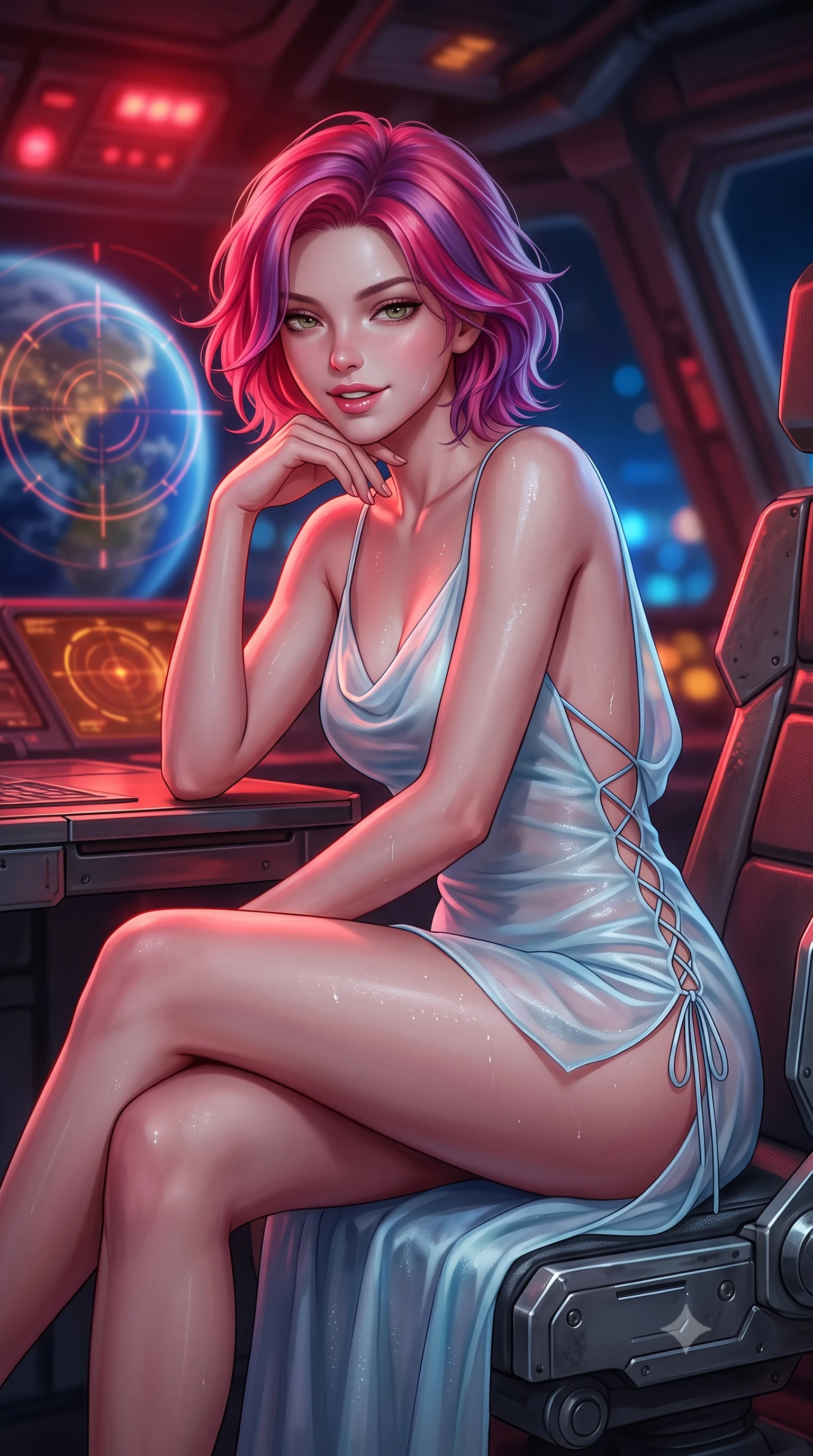 score_9, masterpiece, best quality, ultra-detailed, high-budget anime keyframe, semi-realistic 3D game render, editorial fashion photography, tasteful artistic composition, Caucasian woman. close-up cowboy shot from the waist and thighs up, the character dominates the composition, filling the frame with her large presence. resting one elbow on the table and supporting her chin, leaning close to the camera with heavy-lidded sparkling eyes and parted lips while sitting gracefully on the heavy steel gunner seat with legs crossed, flashing a playful, coquettish smile with parted glossy lips. The background shows a soft-focus pulsing crimson battle stations strobes, circular targeting reticles over planetary continents, and massive hydraulic blast shutters blurred into crimson, amber, and cobalt bokeh. She has an exceptionally elegant, slender, and willowy female figure with an ultra-slim waist, flat toned midriff, narrow ribcage, and sculpted feminine hips creating an alluring, slim hourglass silhouette without bulk. sharp v-shaped jawline, high-bridge nose, intricate jewel-like sparkling eyes with depth, thick eyelashes, glossy parted lips with a natural peach sheen, bright cheerful beaming smile with an enchanting and coquettish sensual glint, exuding both youthful cute charm and seductive allure, flawlessly proportioned anatomical accuracy, strict slender model proportions, natural body alignment, perfectly sculpted long slender limbs, ultra-slim waistline, clean dynamic posture without body distortion. wearing a form-contouring gossamer silk chiffon combat slip dress with a hip-high slit and open cowl back clinging with dewy moisture in arctic cryo-glacier ice blue and platinum white, made of sheer gossamer chiffon that drapes softly against skin with airy translucence, featuring fine criss-cross lace-up side ties revealing tantalizing glimpses of her hip curve, the precision-cut side openings and low-back scoop framing her graceful spine and the sensual sweep of her slim, toned hips. bathed in moody 660nm deep crimson battle stations lighting mixed with cool blue planetary city-light radiance. highly saturated vibrant anime colors, detailed shading with soft gradients, rich glossy textures, high-contrast stereoscopic depth, volumetric dynamic lighting, master piece, 9:16 ratio