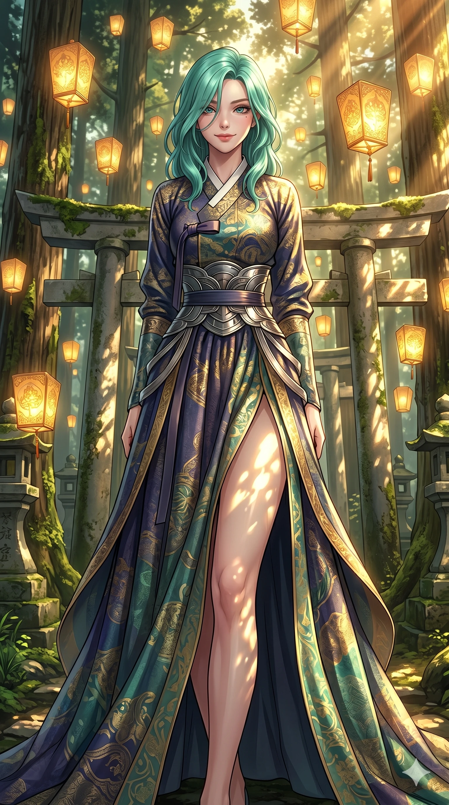 score_9, masterpiece, best quality, ultra-detailed, high-budget anime keyframe, editorial fashion photography, tasteful artistic composition, Japanese woman. cowboy shot from the thighs up, character and outfit filling the frame for maximum editorial presence. tilting her head with a playful, composed, magnetic smile, letting hair fall over her eyes in a sacred shinto forest with golden floating lanterns (Code-P17-111). She has an absolutely perfect 8-heads proportion, an exceptionally tall and slender female figure with impossibly long slender legs and an ultra-slim waist. V-shaped jawline, high-bridge nose, intricate jewel-like eyes with depth, thick eyelashes, glossy lips with a natural sheen. wearing a fusion hanbok featuring an sculpted waistline and elegant slit. warm golden afternoon sunbeams reflecting off the mirrors, casting bright light patterns. 2k, ultra detail, master piece, 9:16 ratio