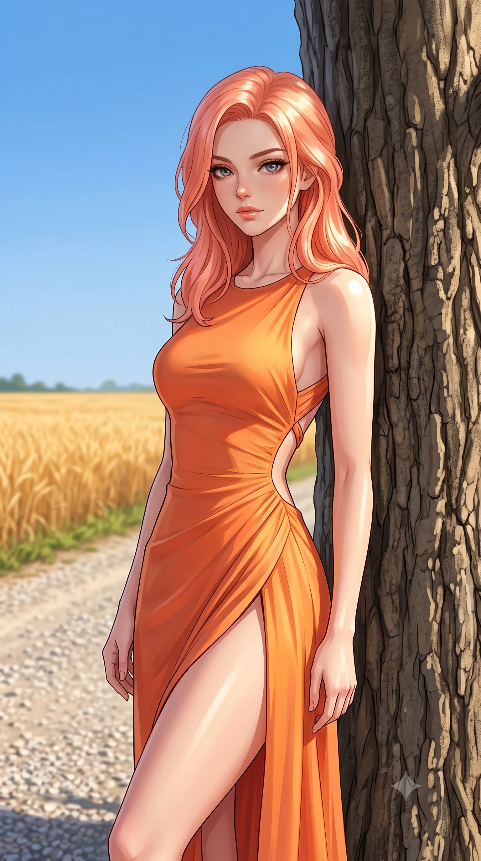 score_9, masterpiece, best quality, ultra-detailed, high-budget anime keyframe, editorial fashion photography, tasteful artistic composition, Japanese woman woman. close-up cowboy shot from the waist and thighs up, the character dominates the composition, filling the frame with her large presence, background elements kept in soft focus. standing relaxed against a tree trunk, sharing a quiet, serene moment with the viewer the background shows a soft-focus a gravel road passing through a vast field of golden wheat under a clear blue sky. She has an exceptionally elegant, slender, and willowy female figure with an ultra-slim waist, a gracefully sculpted slender torso, and a refined silhouette. sharp v-shaped jawline, high-bridge nose, intricate jewel-like eyes with depth, thick eyelashes, glossy lips with a natural sheen. wearing a body-hugging high-slit resort gown in sunset orange chiffon, featuring a daring thigh-slit and open back. bright and direct afternoon sun rays casting cheerful highlights. 2k, ultra detail, master piece, 9:16 ratio