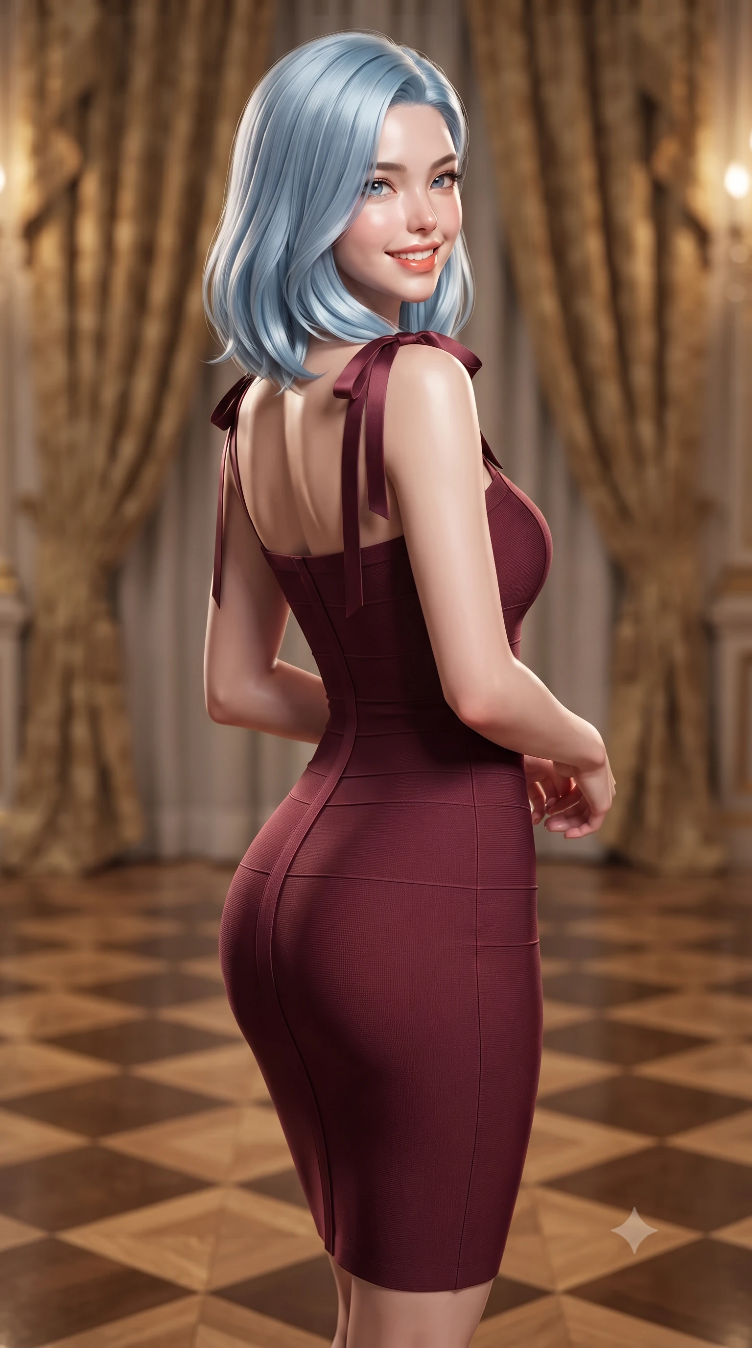 score_9, masterpiece, best quality, ultra-detailed, high-budget anime keyframe, editorial fashion photography, tasteful artistic composition, Korean woman. close-up cowboy shot from the waist and thighs up, the character dominates the composition, filling the frame with her large presence. posing in an alluring rear three-quarter angle, looking over a bare shoulder with parted glossy lips, her hips cocked back to highlight her slim hourglass curve while twisting her slender torso in an alluring contrapposto stance on the polished checkerboard parquet floor, chandelier facets caressing her narrow waist and curvy hips. The background shows a soft-focus flowing heavy gold damask drapery softened in Bohemian royal state apartment shallow focus. She has an exceptionally elegant, slender, and willowy female figure with an ultra-slim waist, flat toned midriff, narrow ribcage, and sculpted feminine hips creating an alluring, slim hourglass silhouette without bulk. sharp v-shaped jawline, high-bridge nose, intricate jewel-like sparkling eyes with depth, thick eyelashes, glossy parted lips with a natural peach sheen, bright cheerful beaming smile with an enchanting and coquettish sensual glint, exuding both youthful cute charm and seductive allure, flawlessly proportioned anatomical accuracy, strict slender model proportions, natural body alignment, perfectly sculpted long slender limbs, ultra-slim waistline, clean dynamic posture without body distortion. wearing a dense bandage knit pencil dress with sweetheart neckline contouring her delicate ribcage and hips in Franschhoek vineyard pinotage burgundy and oak honey, made of fluid liquid jersey with seamless sculpting hold and smooth contours, finished with satin ribbon ties at the shoulders fluttering in the gentle breeze, the liquid-tight tailored fabric clinging flawlessly to her narrow waist and rounded feminine hips, emphasizing every millimeter of her sculpted slim hourglass curves without any bulky heaviness. illuminated by polished parquet reflection bounce and sharp champagne-gold rim lights sculpting her razor-sharp jawline, narrow waist, and curvy hips. ultra-reflective glossy finish, specular highlights, rich textural contrasts, high-contrast stereoscopic depth, volumetric dynamic lighting, 2k, ultra detail, master piece, 9:16 ratio