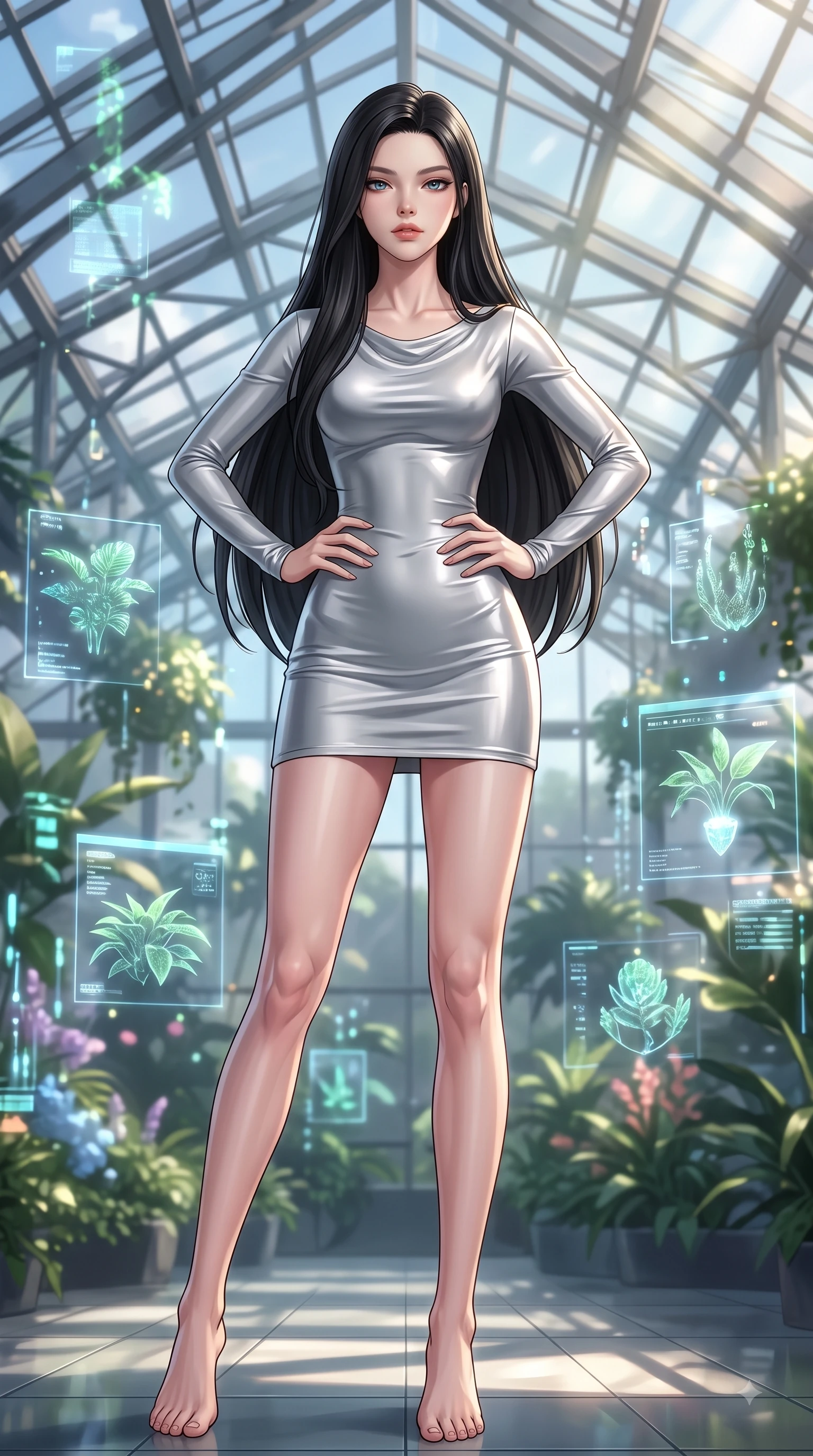 score_9, masterpiece, best quality, ultra-detailed, high-budget anime keyframe, editorial fashion photography, tasteful artistic composition, Korean woman woman. low angle full-body shot from head to toe showing her feet, filling the entire 9:16 vertical frame with her statuesque presence, stretching her vertical silhouette. She has an absolutely perfect, statuesque 8.5-heads proportion, an exceptionally tall and slender model-like female figure with impossibly long slender legs and an ultra-slim waist. standing victorious in a commanding statuesque pose, filling the frame with her slender presence, flawlessly proportioned anatomical accuracy, natural body alignment, perfectly sculpted elegant limbs, clean dynamic posture without body distortion. set against a soft-focus background of a futuristic botanical pavilion with floating hologram plants. wearing a sleek bodycon liquid silver jersey dress hugging every curve with a subtle cowl neckline. bathed in dappled morning sunlight filtering through glass roof grid structures. highly saturated vibrant anime colors, detailed shading with soft gradients, rich glossy textures, high-contrast stereoscopic depth, volumetric dynamic lighting, master piece, 9:16 ratio