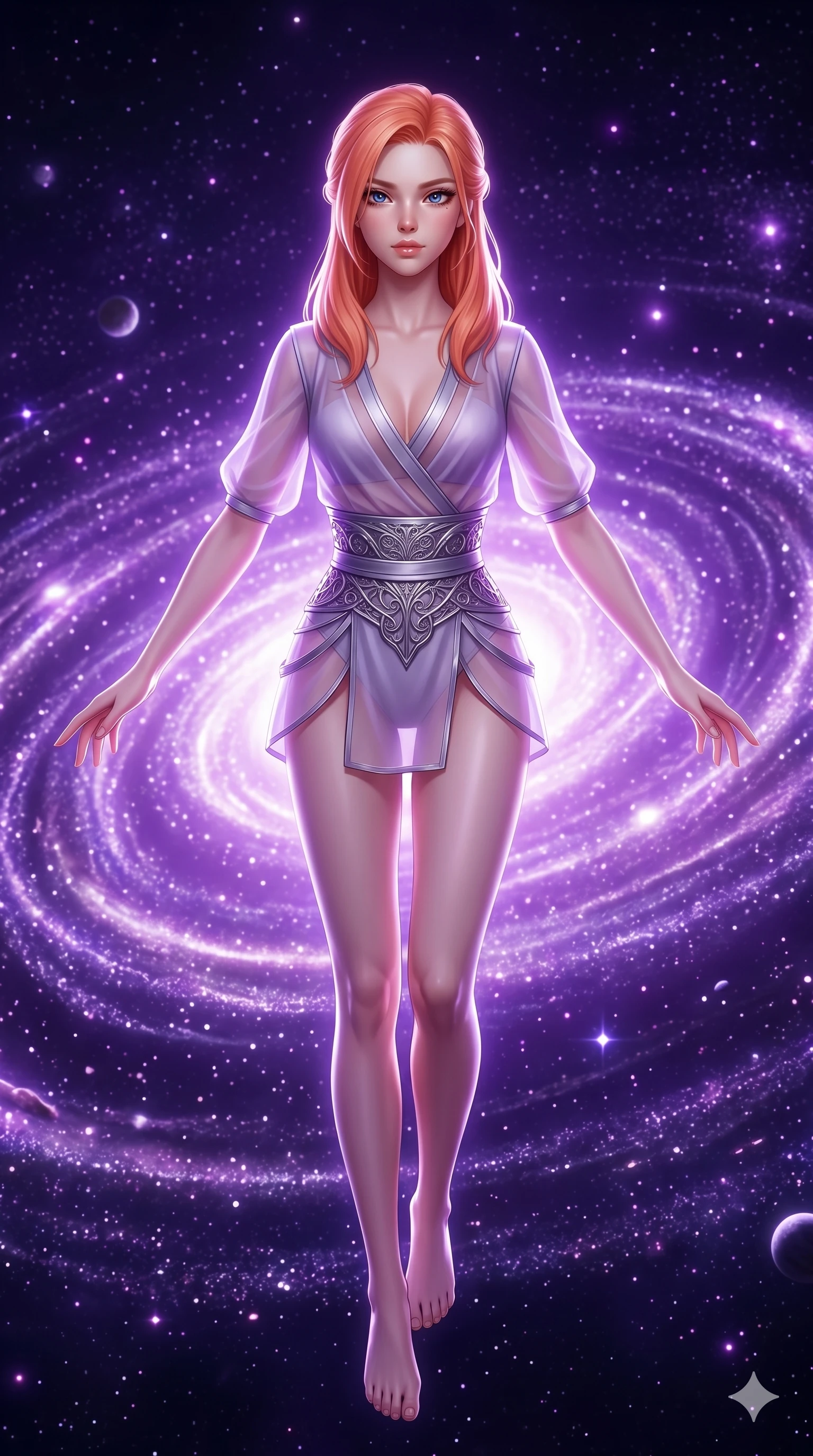 score_9, masterpiece, best quality, ultra-detailed, high-budget anime keyframe, semi-realistic 3D game render, Japanese woman. Upper body close-up from the thighs up, character filling the screen for maximum presence. She is floating weightlessly inside a brilliant violet galaxy, surrounded by swirling cosmic dust rings. She spreads her arms in a graceful flying pose, looking toward the camera. She has an absolutely perfect 8-heads proportion, an exceptionally tall and slender female figure with impossibly long slender legs and an ultra-slim waist. V-shaped jawline, high-bridge nose, intricate jewel-like eyes with depth, thick eyelashes, glossy lips with a natural sheen. She is wearing a shortened cyber-fusion wrap top with transparent chiffon panels, a deep crossover neckline, and a high-waisted metallic sash that accentuates her ultra-slim waist. The scene is bathed in brilliant purple starlight and a sharp white front key light highlighting her details. 2k, ultra detail, master piece, 9:16 ratio