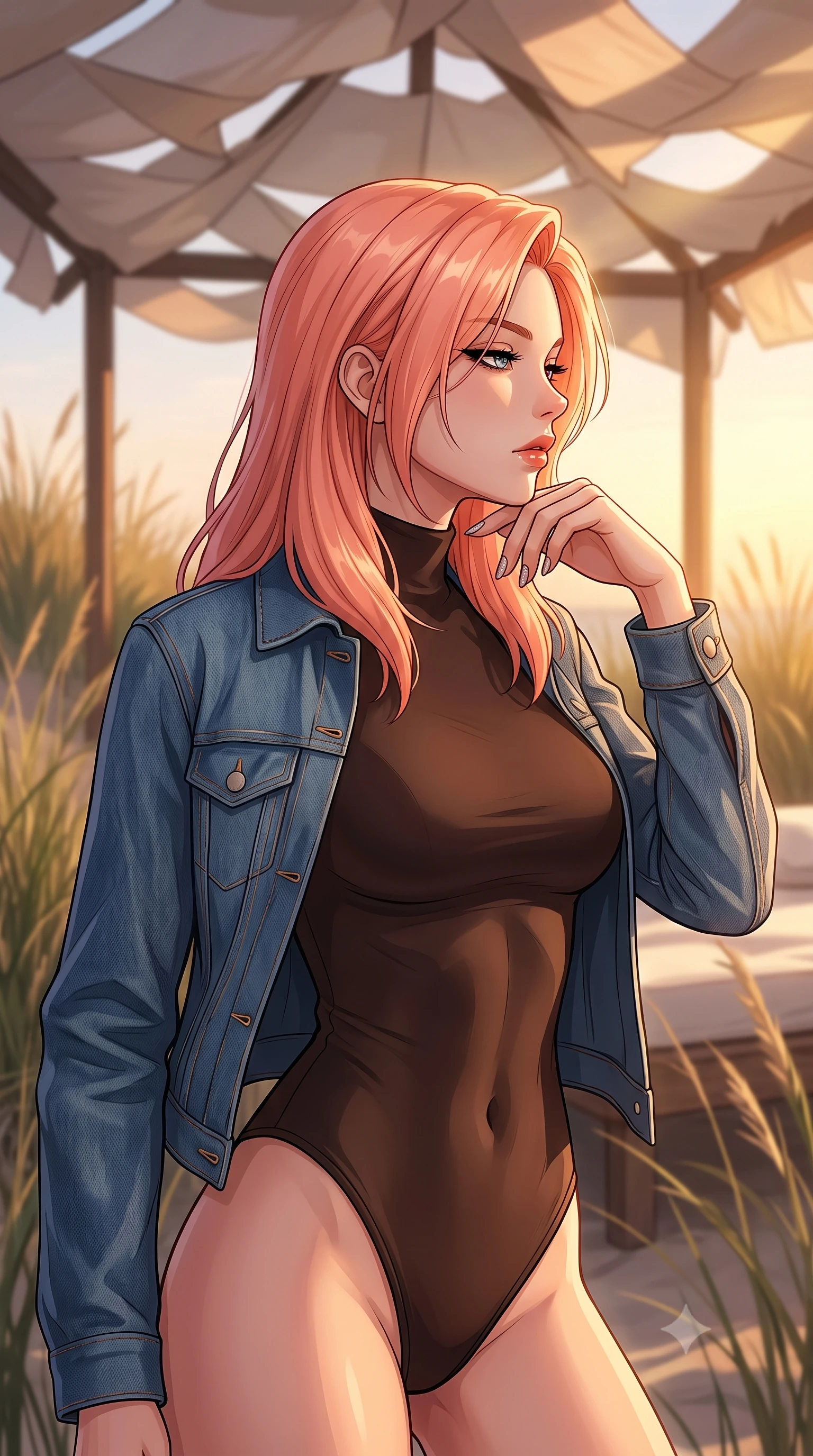 score_9, masterpiece, best quality, ultra-detailed, high-budget anime keyframe, tasteful artistic composition, Japanese woman. close-up cowboy shot from the waist and thighs up, the character dominates the composition, filling the frame with her large presence, background elements kept in soft focus. resting her chin on the backs of her fingers, casting a heavy-lidded, sultry look past the camera the background shows a soft-focus a secluded beach dune pavilion with paper canopy, surrounded by tall beachgrass. She has an exceptionally elegant, slender, and willowy female figure with an ultra-slim waist, a gracefully sculpted slender torso, and a refined silhouette. sharp v-shaped jawline, high-bridge nose, intricate jewel-like eyes with depth, thick eyelashes, glossy lips with a natural sheen. wearing a tailored form-contouring high-neck bodysuit in dark brown, worn under a tailored open denim jacket. warm golden afternoon sunlight bathing the sands in a soft glow. highly saturated vibrant anime colors, cel-shading, 2d style, master piece, 9:16 ratio