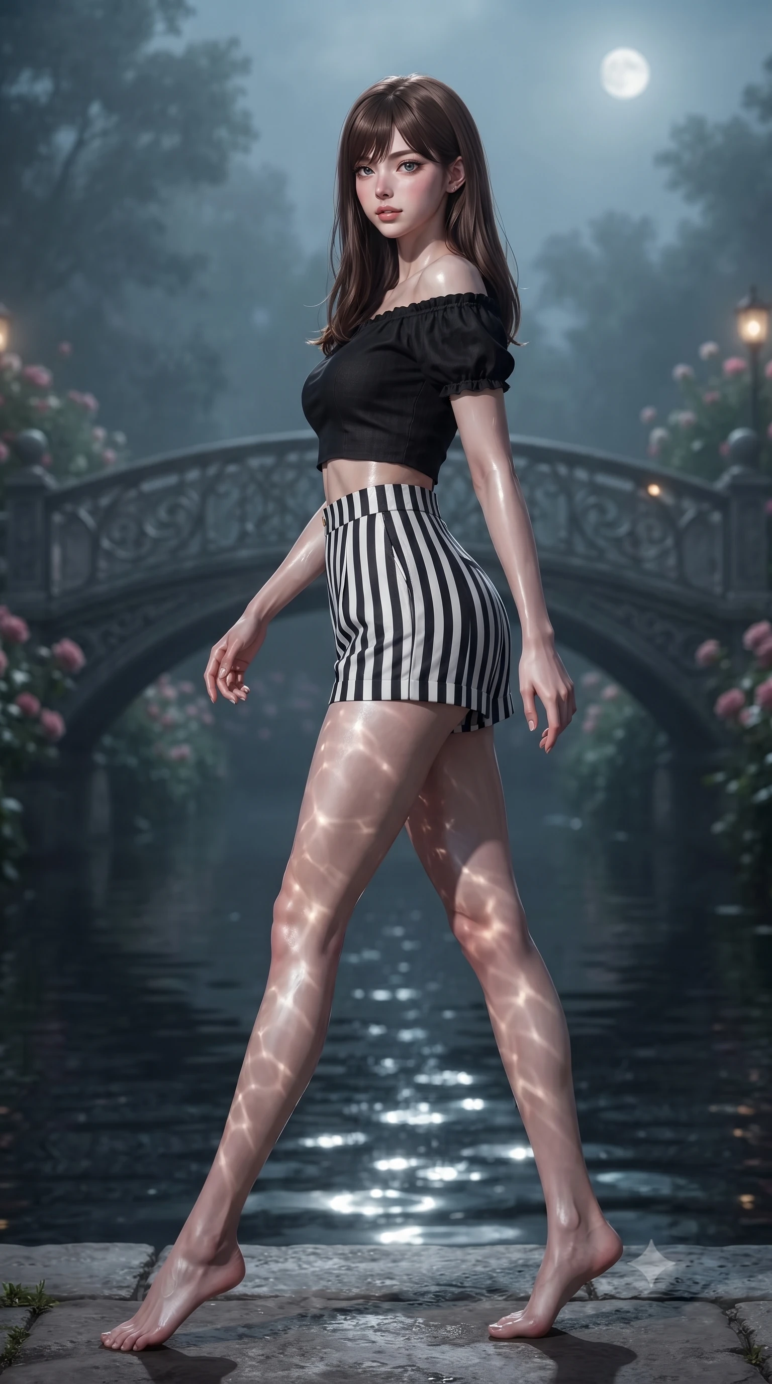score_9, masterpiece, best quality, ultra-detailed, high-budget anime keyframe, editorial fashion photography, tasteful artistic composition, Korean woman. low angle full-body shot from head to toe showing her feet, filling the entire 9:16 vertical frame with her statuesque presence, stretching her vertical silhouette. stepping gracefully while looking back over her shoulder, her dress draped tightly to reveal her silhouette the background shows a soft-focus a misty rose garden stone bridge over a quiet dark moat at midnight. She has an absolutely perfect, statuesque 8.5-heads proportion, an exceptionally tall and slender model-like female figure with impossibly long slender legs and an ultra-slim waist. sharp v-shaped jawline, high-bridge nose, intricate jewel-like eyes with depth, thick eyelashes, glossy lips with a natural sheen. wearing a slim-fit chic off-shoulder crop top in black linen, paired with high-waisted striped resort shorts. dappled moonbeams reflecting off moving water onto her silhouette. ultra-reflective glossy finish, specular highlights, metallic sheen, high-contrast stereoscopic depth, volumetric dynamic lighting, 2k, ultra detail, master piece, 9:16 ratio